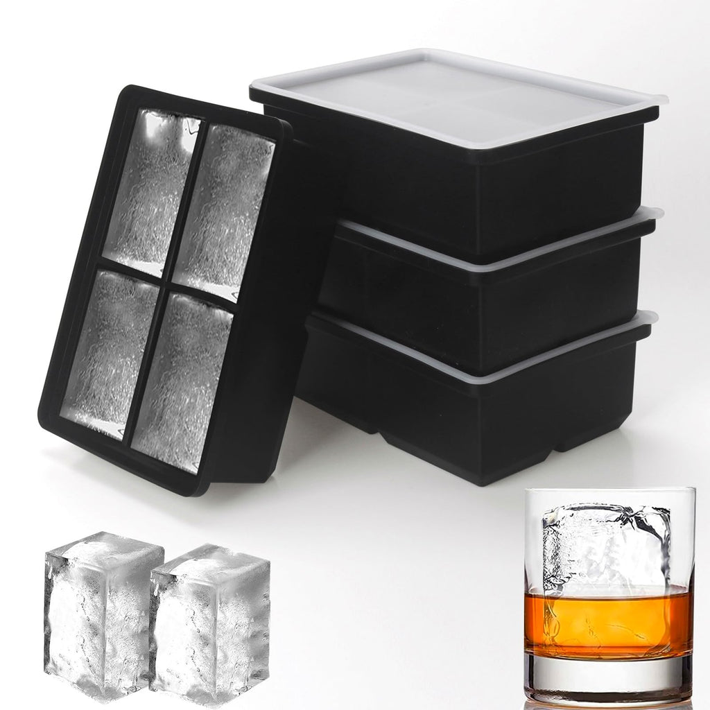 Large Ice Cube Trays for Whiskey: BECOKIT Big Silicone Ice Cube Trays - 3 * 2Inch Square Ice Cubed Tray for Bourbon Whisky and Cocktail - 4Pack Giant Silicon Ice Cube Tray (Black 4 Tray)