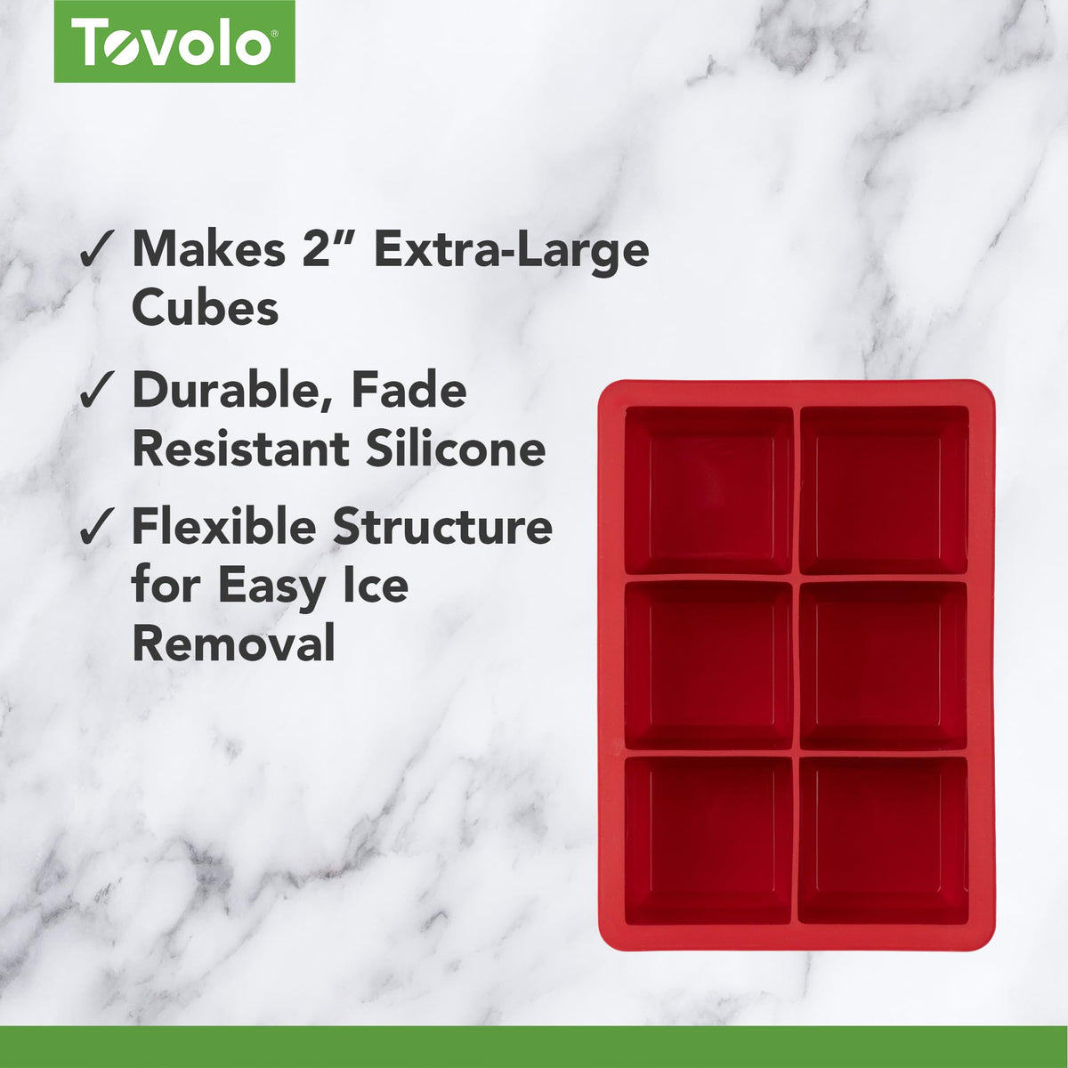 Tovolo Large 2” King Cube Ice Tray Cayenne Red Ice Cube Trays for Whiskey Cocktails Smoothies, Big Square Ice Cube Mold Silicone Freezer Tray for Perfect Rock Cubes BPA Free Dishwasher Safe