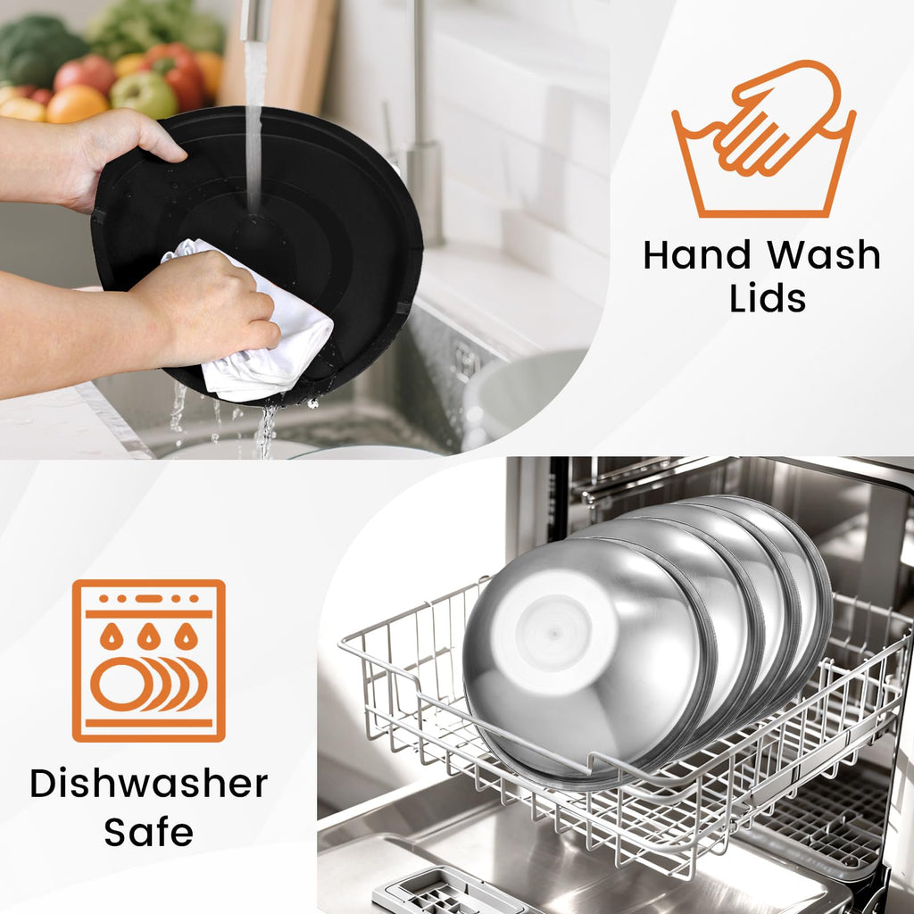 BEWOS Mixing Bowls with Lids Set - 5 Pcs Stainless Steel Mixing Bowls With 3 Grater Attachments, Size 4.5, 4, 3.5, 2.1, 1.5QT Metal Bowls for Baking and Serving (Black)