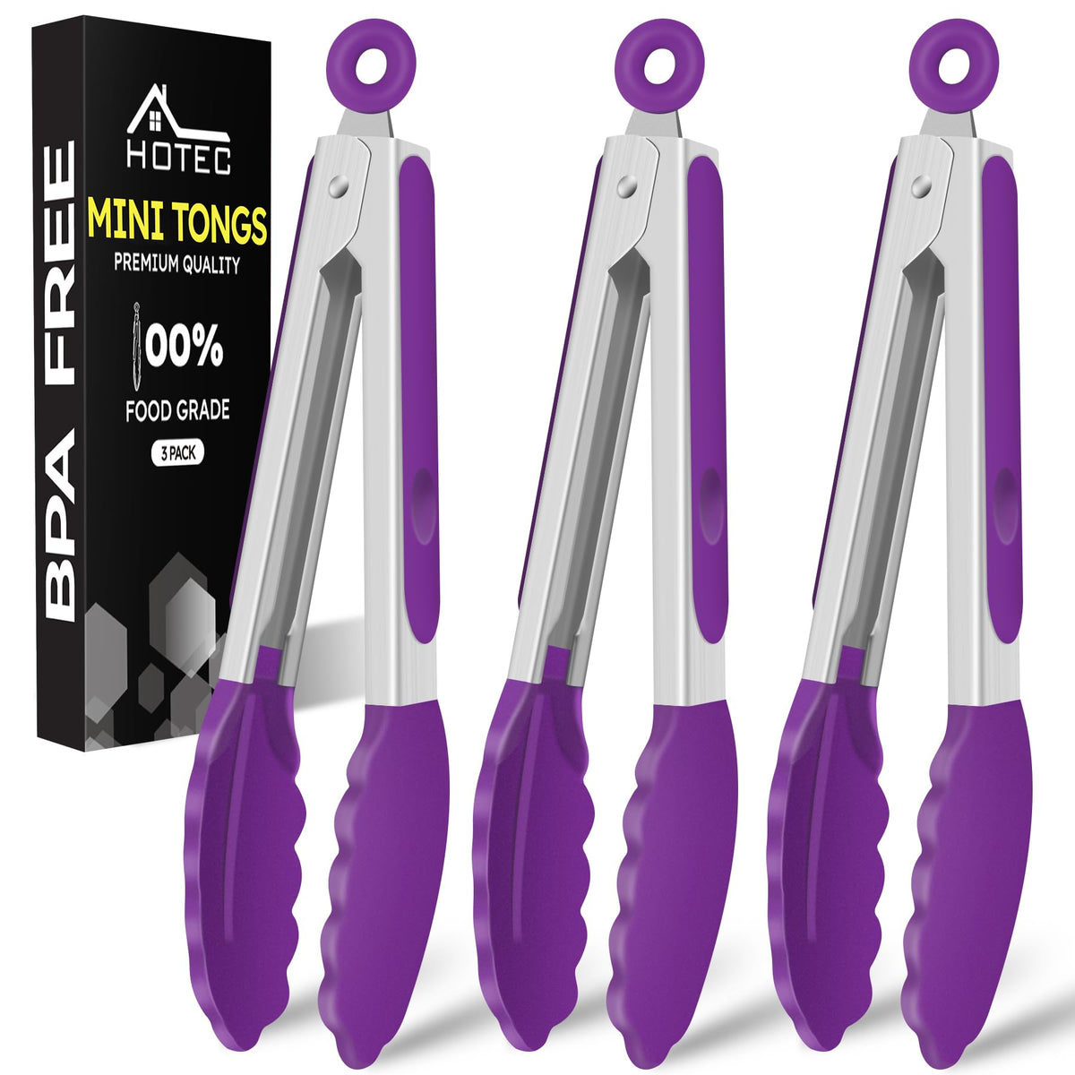 HOTEC Small Silicone Kitchen Tongs 7-Inch Mini Serving Tongs, Set of 3