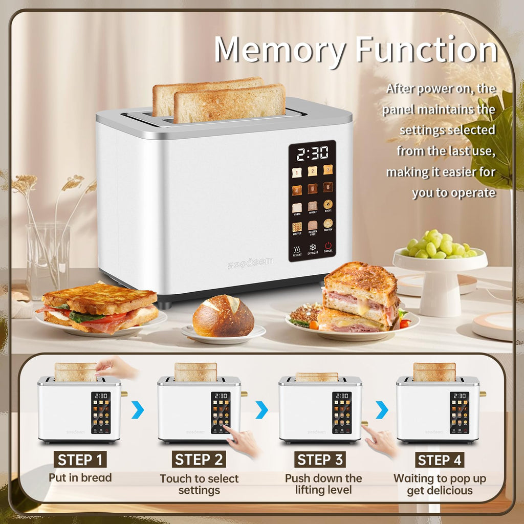 SEEDEEM Touchscreen Toaster 2 Slice, Stainless Steel, 6 Shade, 900W, White