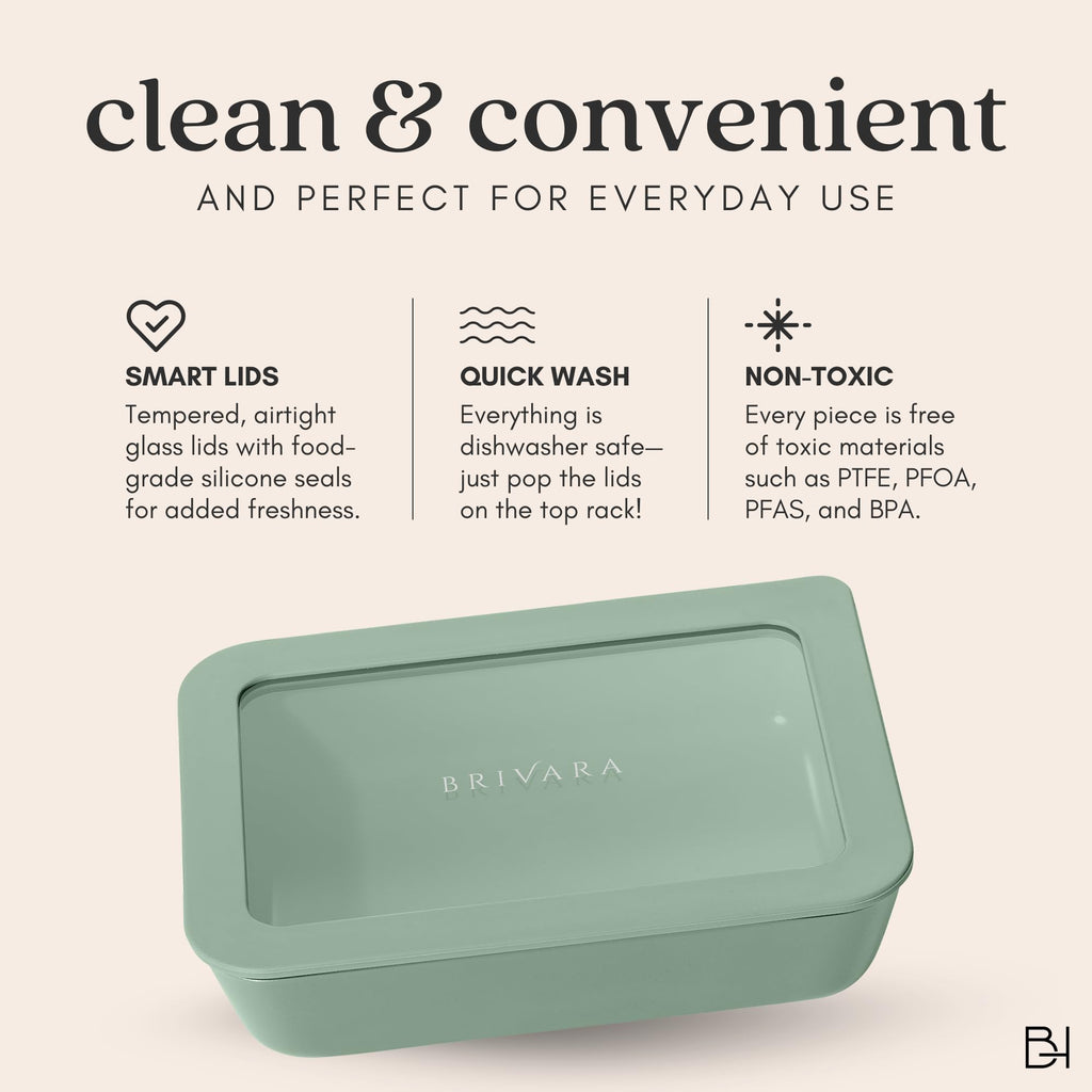 BRIVARA HOME Glass Food Storage Container with Lid, 8-Cup Large Square | Microwave-Safe Airtight Lid, Oven-Safe Ceramic-Coated Glass | Zero Plastic, No PFAS/PFOA/BPA, Reusable [Willow]