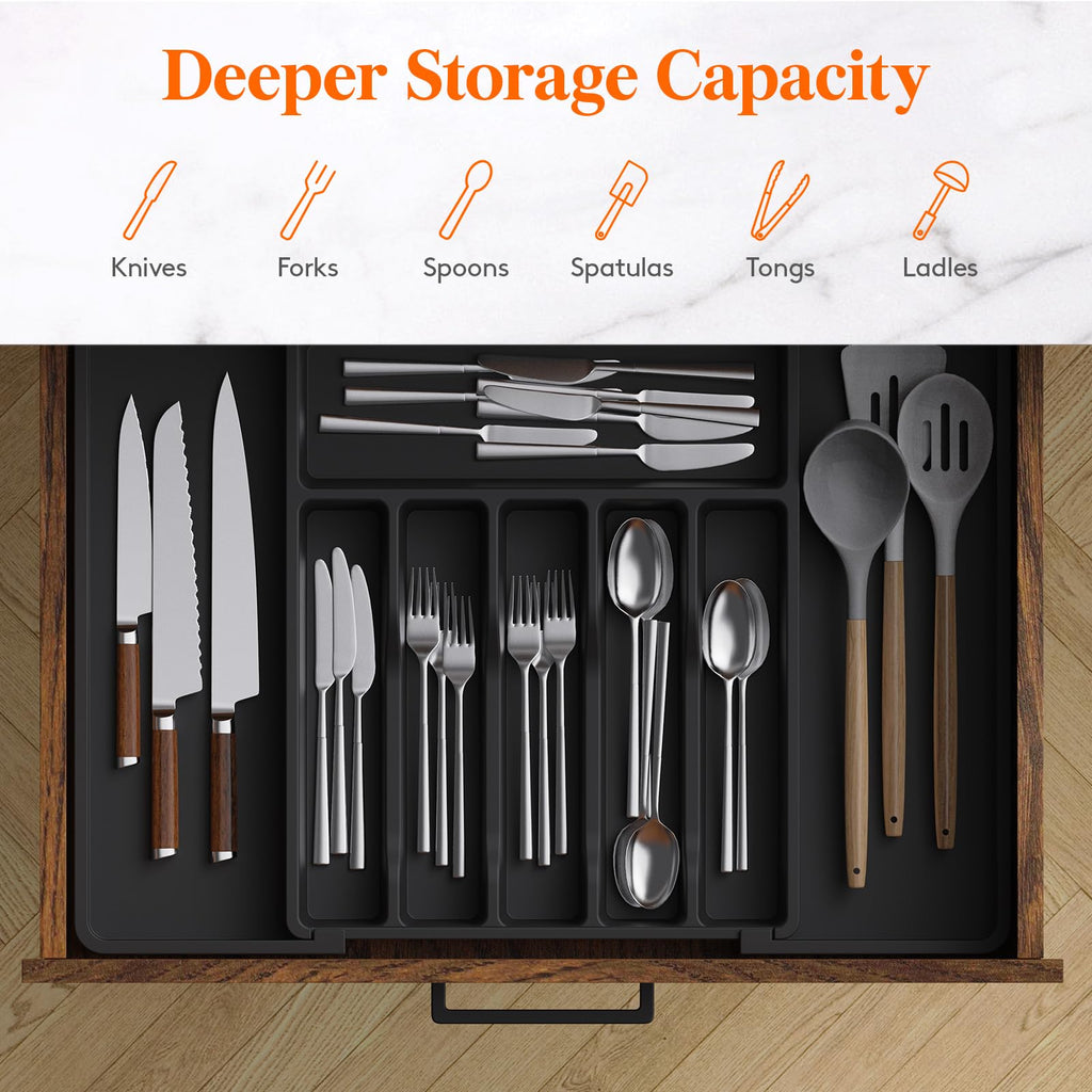 Lifewit Silverware Drawer Organizer, Expandable Utensil Tray for Kitchen, BPA Free Flatware and Cutlery Holder, Adjustable Plastic Storage for Spoons Forks Knives, 33 -57 x 42cm, Black
