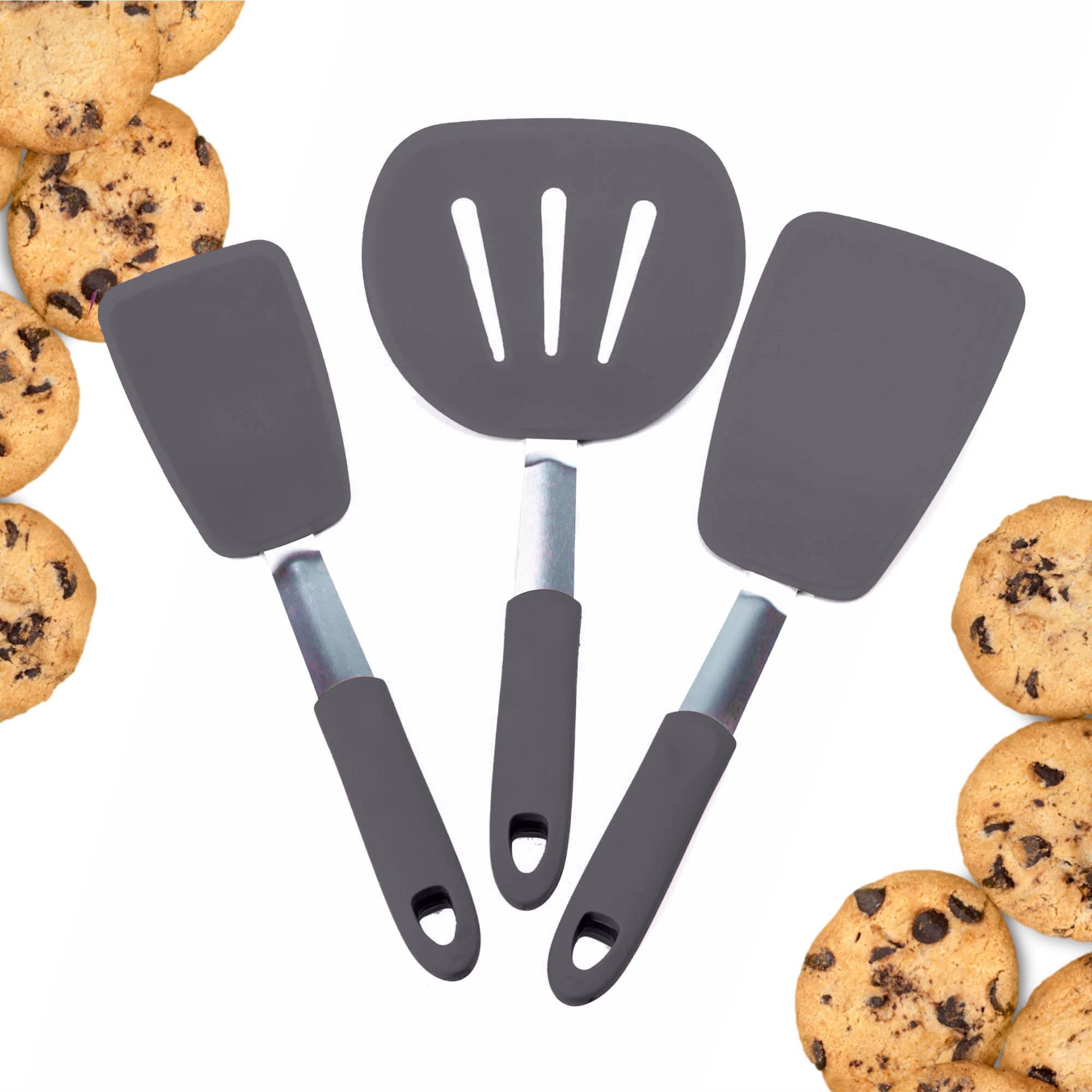 StarPack Premium Flexible Silicone Spatula Set - 3 Spatulas for Nonstick Cookware - 600°F High Heat Resistance Spatula Set - Spatulas for Kitchen Use for Fish, Eggs, Pancakes & Cookies (Gray Black)