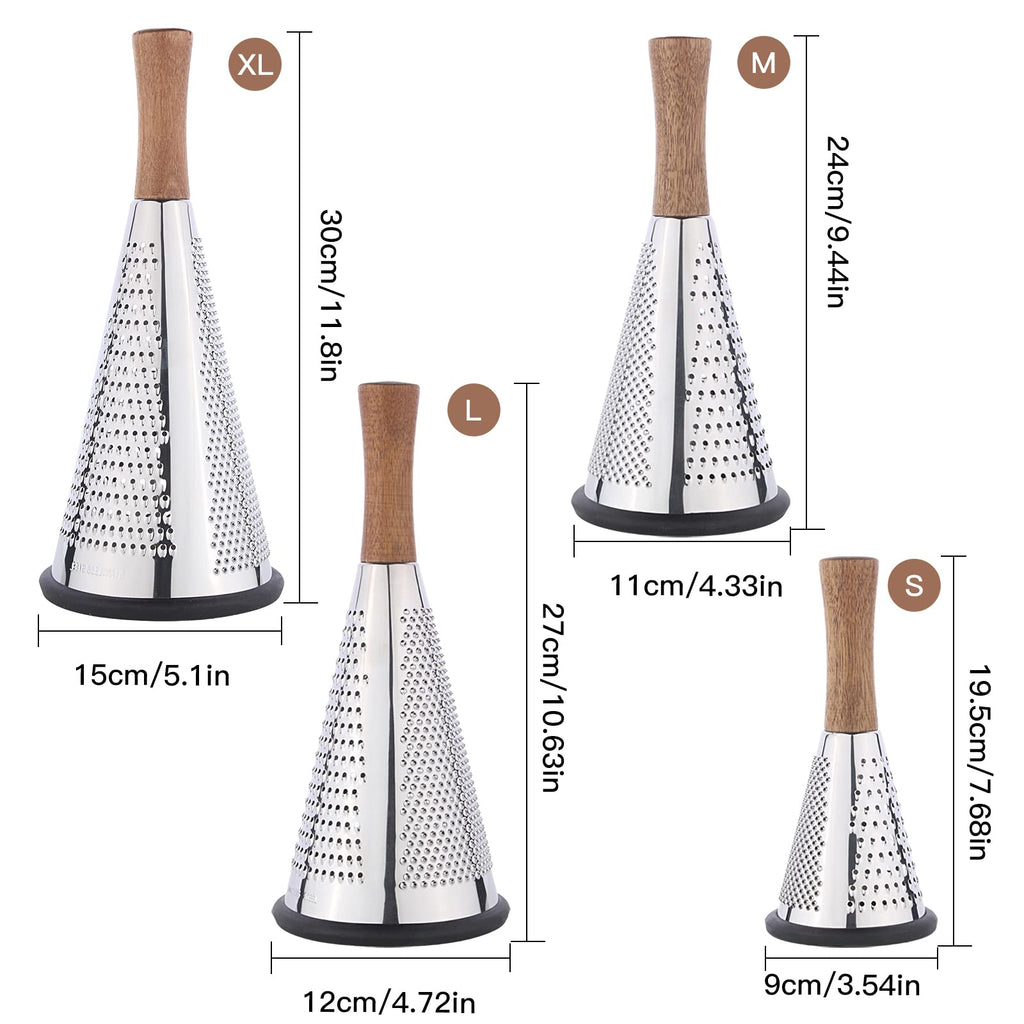 Cone Cheese Grater with Handle - Stainless Steel Triple Function Wood Handle Parmesan Shaver Non-Slip Rubber Bottom Hand Held Multifunction Vegetables Cheese Grater with container(XL:11.8" X 5.1")