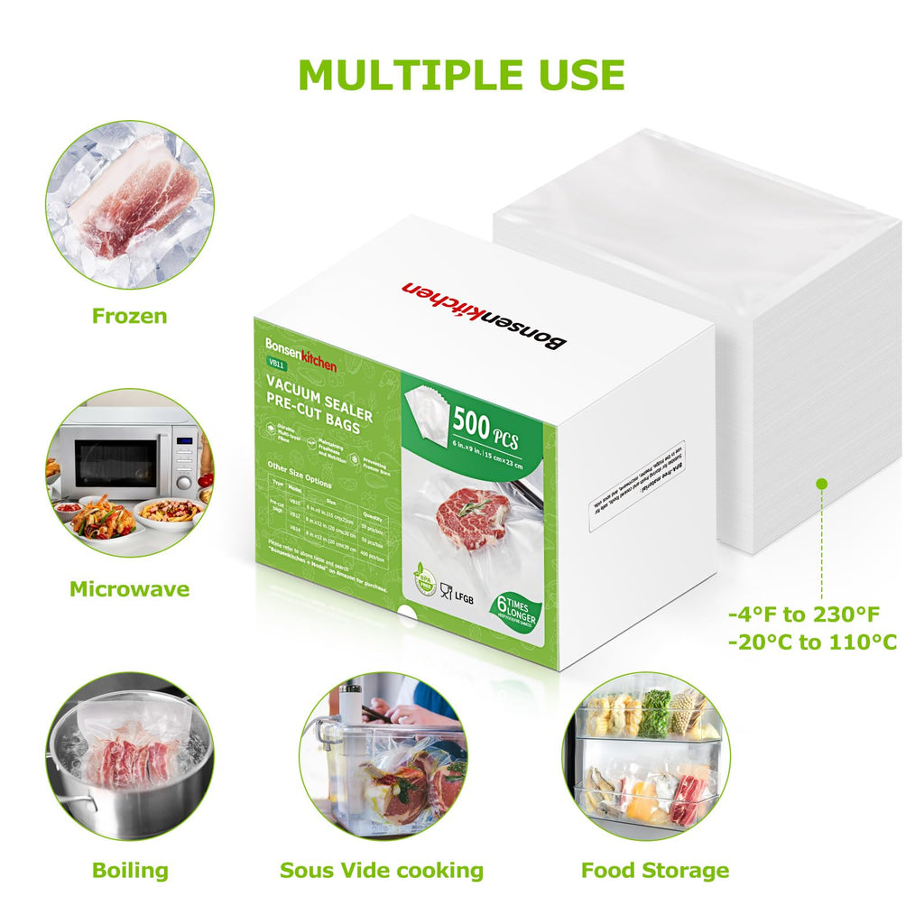 Bonsenkitchen Precut Vacuum Sealer Bags, 500 Pint 6" x 9" Food Sealer Bags