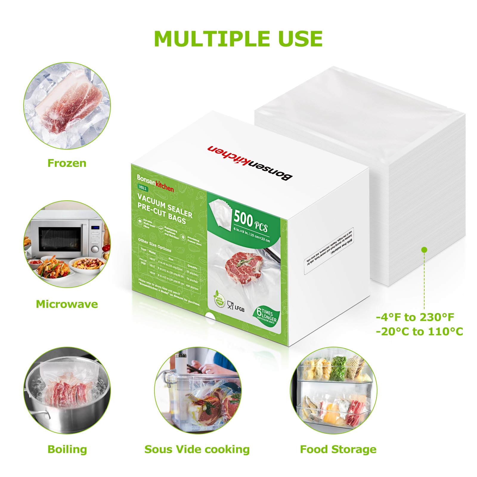 Bonsenkitchen Precut Vacuum Sealer Bags, 500 Pint 6" x 9" Food Sealer Bags