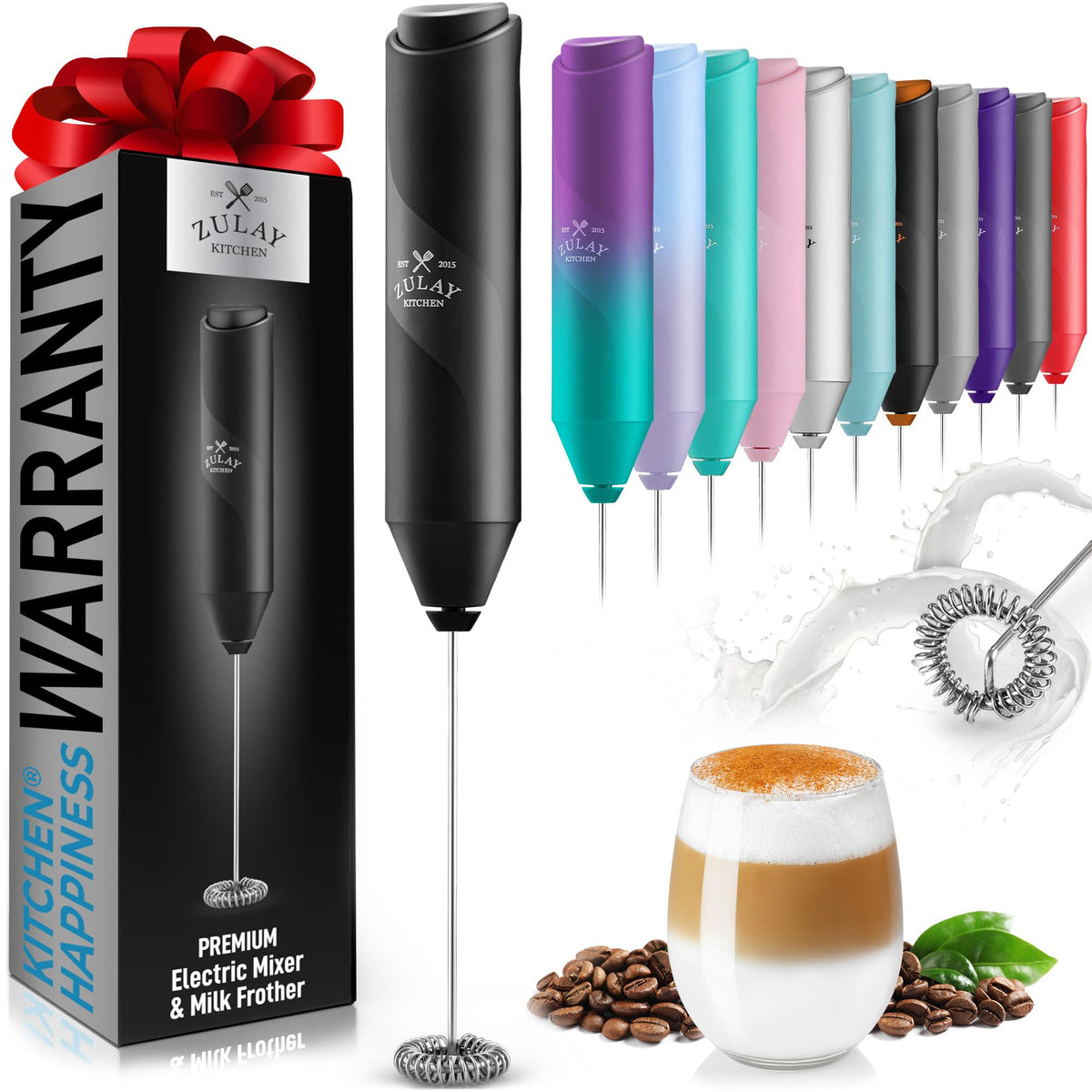 Zulay Kitchen Powerful Milk Frother Wand - Handheld Stainless Steel - Battery Operated Drink Mixer for Coffee, Lattes, Cappuccino, Matcha - Froth Mate Frother Gift - Cool Tide