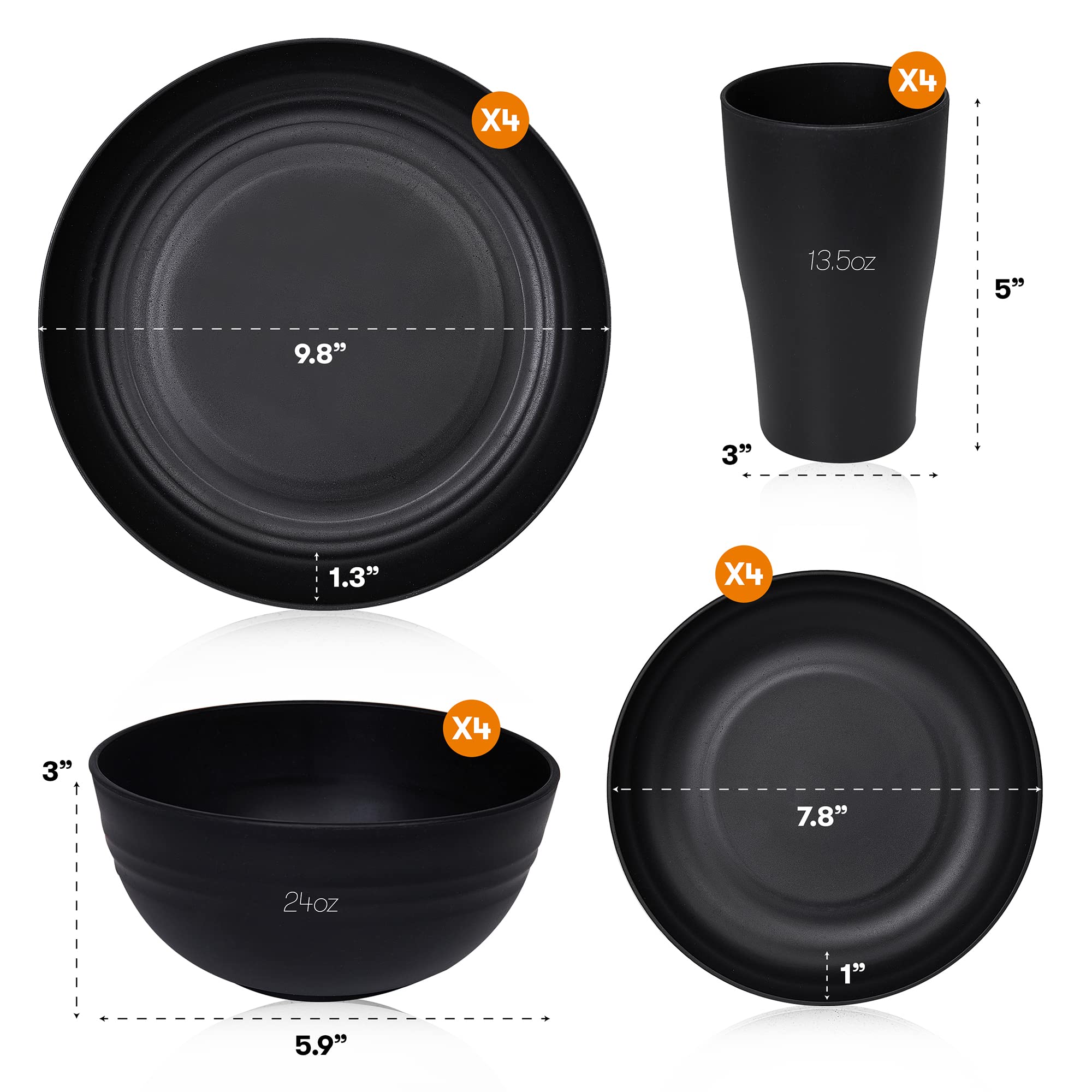 Wheat Straw Dinnerware Sets | Unbreakable Dinnerware Sets | Dishwasher Microwave Safe Dinnerware | Eco Friendly Non Breakable Dinnerware Sets | RV Outdoor Camping (Black, Service for 4 (16 pcs))