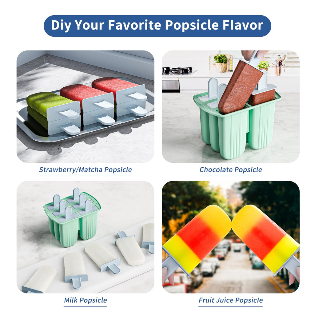 Bongpuda 6 Pieces Silicone Popsicle Molds,Easy-Release BPA-Free,Ice Pop Mold Ice Cream Molds For Kids,With 6 PCS Plastic Stick+Cleaning Brush (Mint Green)