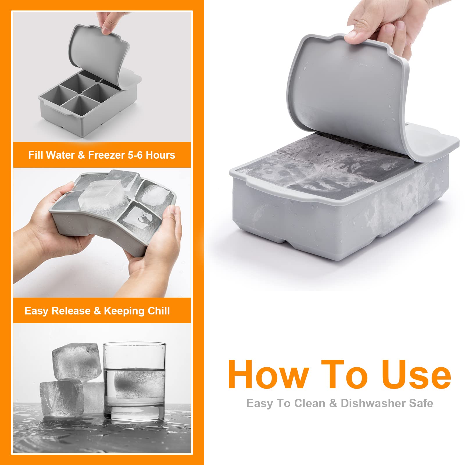 Nax Caki Large Ice Cube Tray with Lid, Stackable Big Silicone Square Ice Cube Mold for Whiskey Cocktails Bourbon Soups Frozen Treats, Easy Release BPA Free