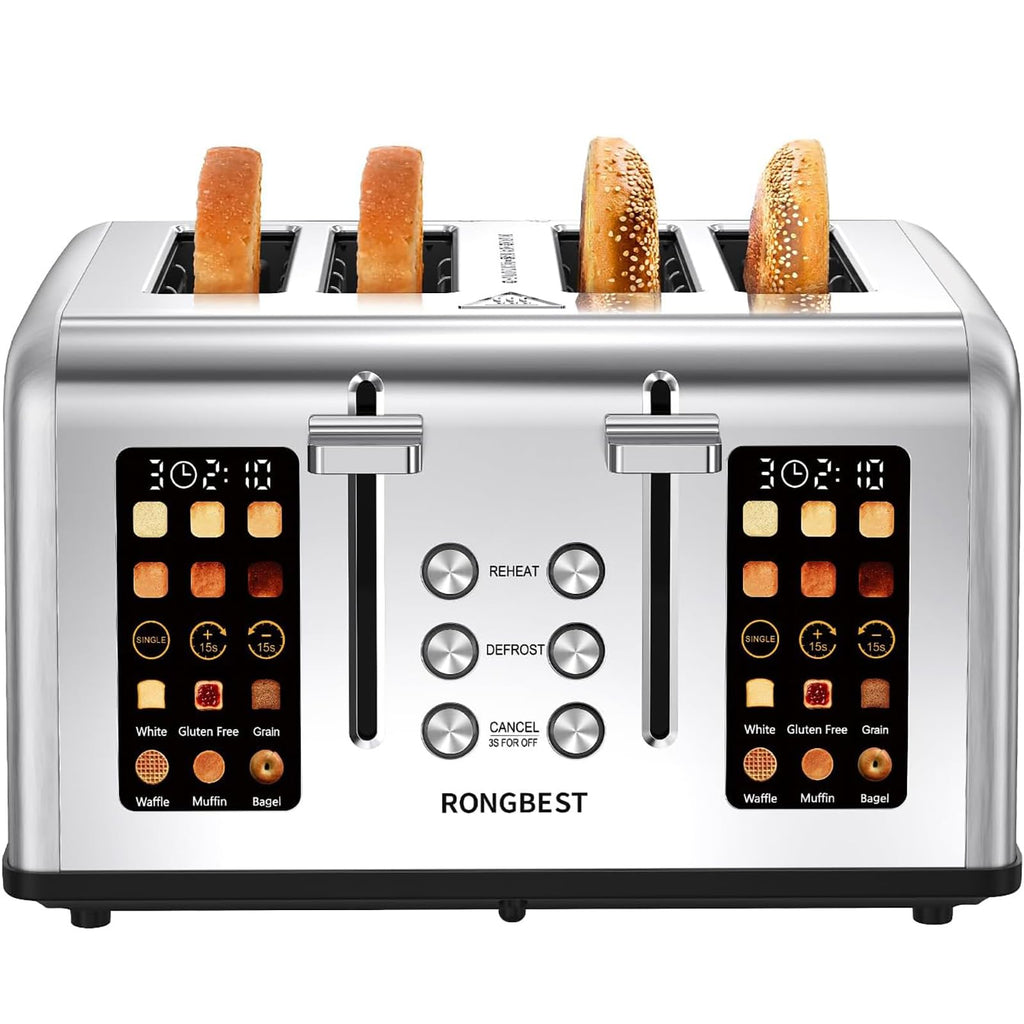 4 Slice Touch Screen Toaster with Wide Slots Stainless Steel Digital Toasters for Family Breakfast, Even Toasting for Bagel & Bread, Reheat Defrost Cancel, Removable Crumb Tray, Silver