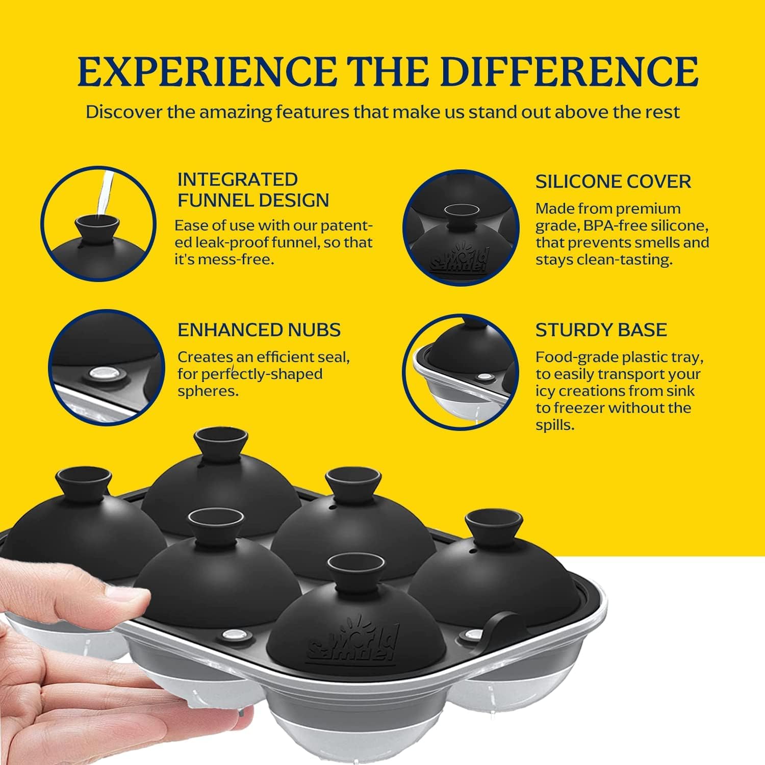 Samuelworld Large Ice Ball Mold with Lid and Bin, 2.5 Inch Ice Balls - Food Grade, Easy To Fill Round Silicone Ice Tray, Perfect Spheres Craft Ice Maker for Whiskey, Cocktails-Black (2 Pack)