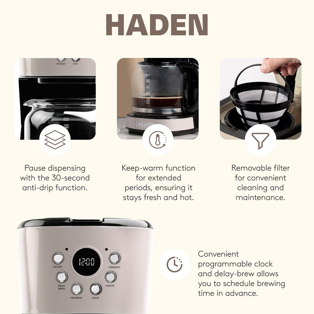 Haden 12 Cup Programmable Drip Coffee Maker Coffee Machine Bundled with Dorset 2 Slice Wide Slot Stainless Steel Toaster, Putty & Chrome