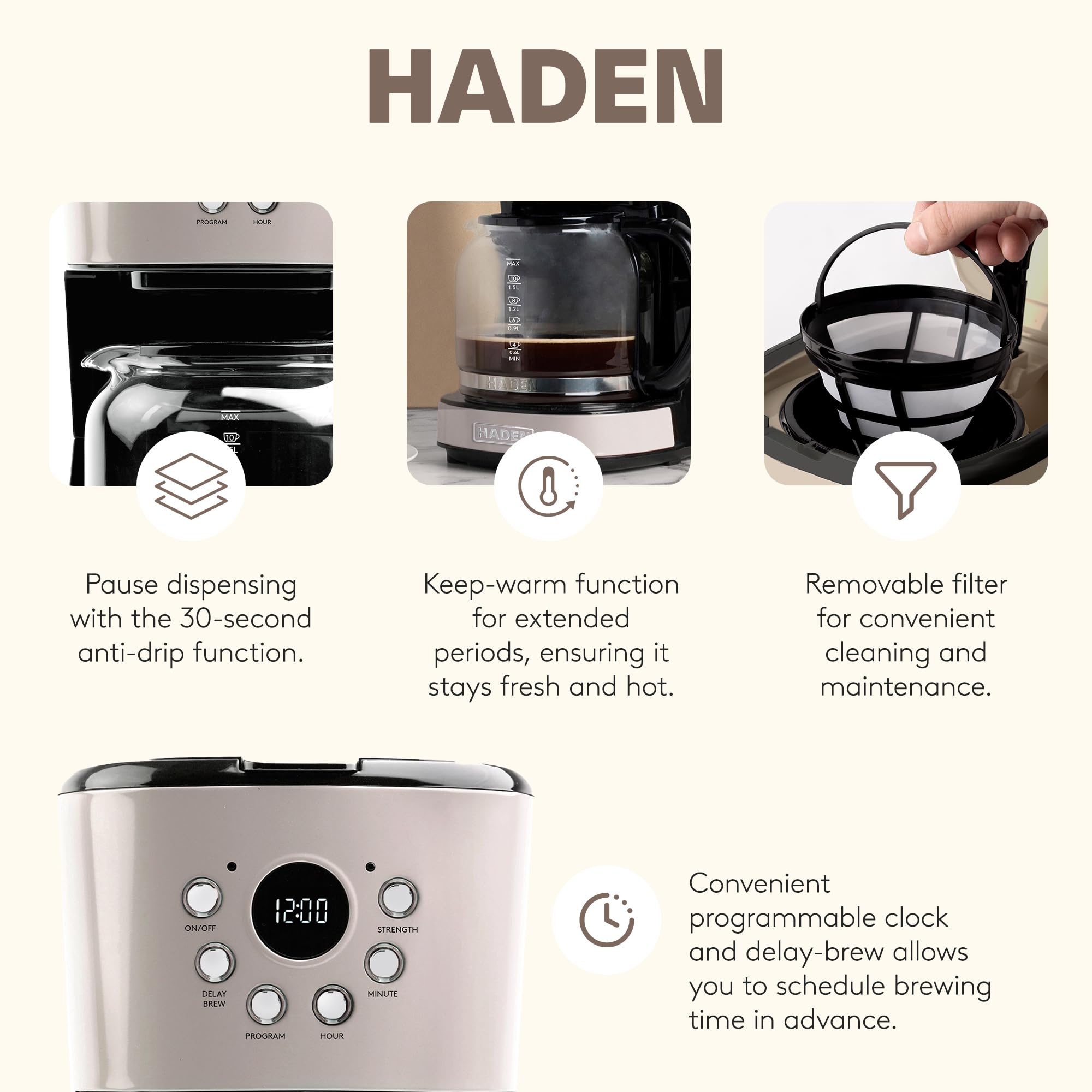 Haden 12 Cup Programmable Drip Coffee Maker Coffee Machine Bundled with Dorset 2 Slice Wide Slot Stainless Steel Toaster, Putty & Chrome