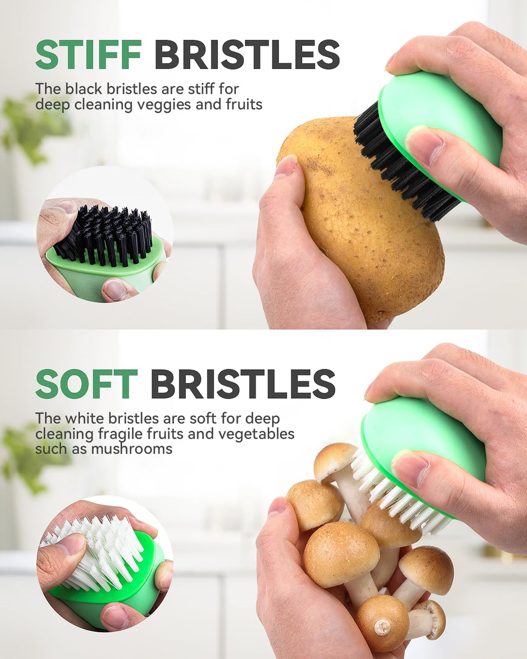 SXhyf Vegetable Brush Scrubber for Food, Black Stiff & White Soft Bristles