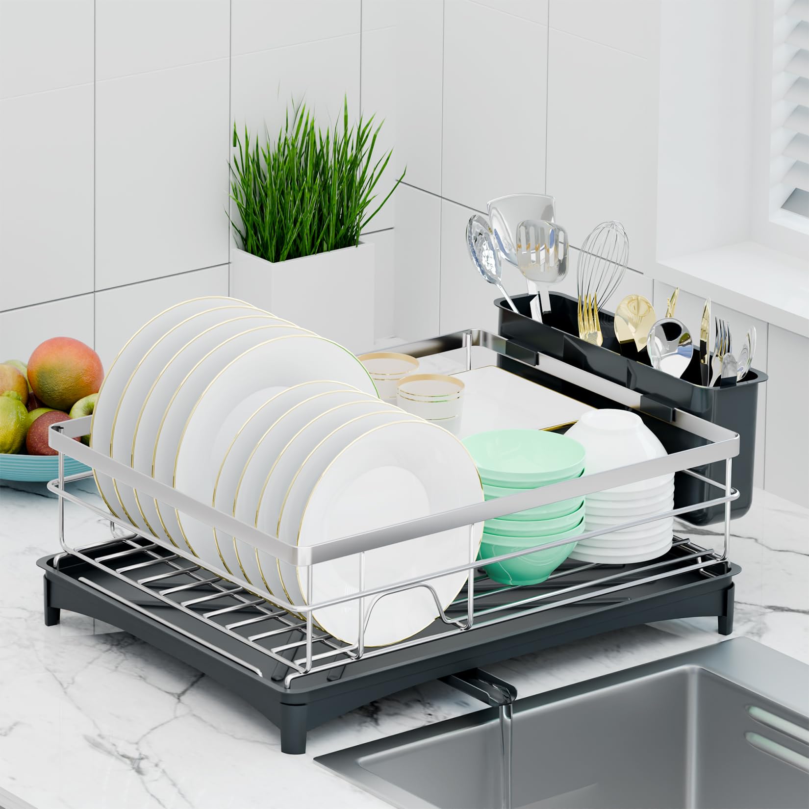 TITIMIO Dish Drying Rack - Space-Saving Dish Rack for Kitchen Counter with Removeable Cutlery Holder,Rustproof & Sturdy Auto-Drain Organizer for Plates,Cups,Knife,Silvery