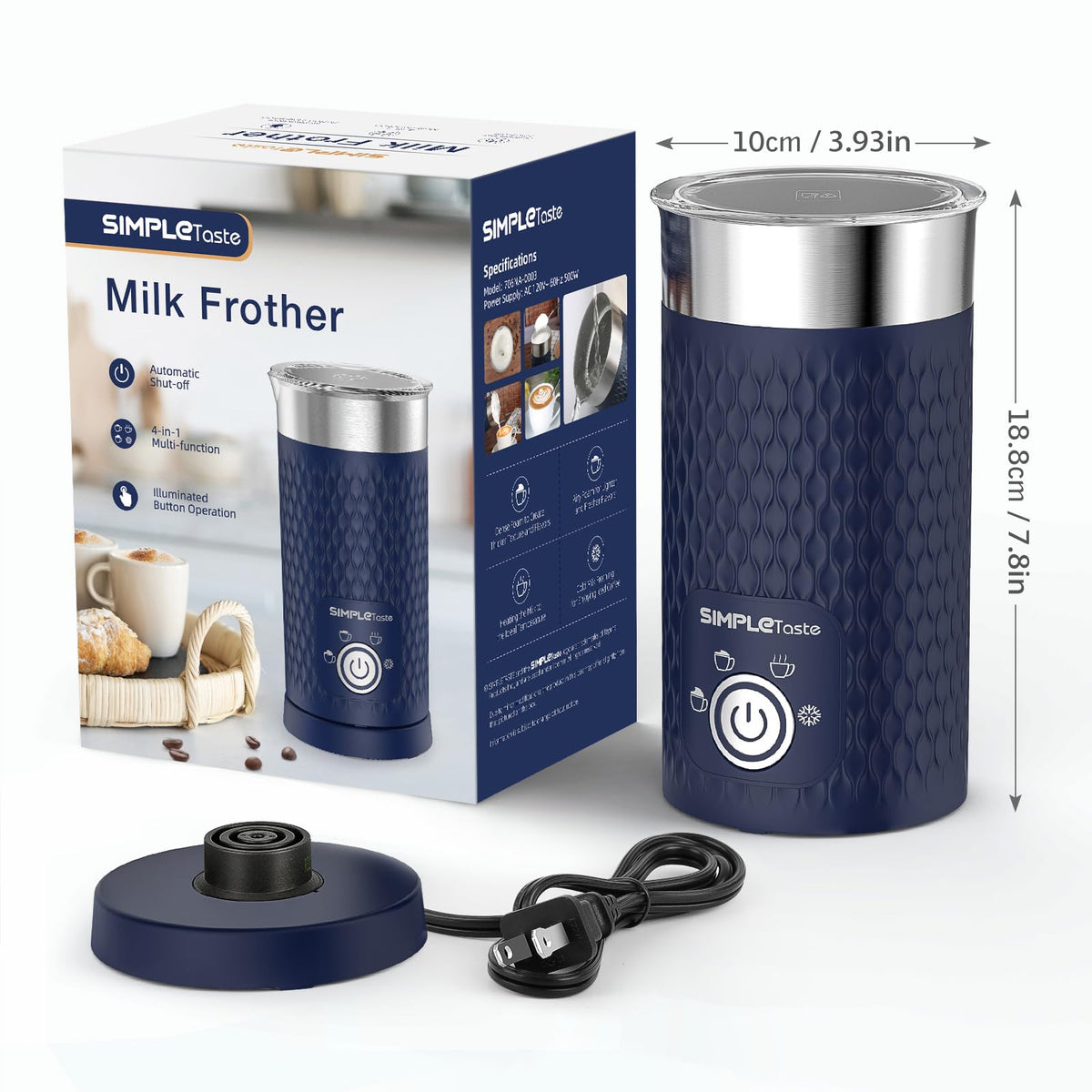 SIMPLETASTE Milk Frother, 4-in-1 Electric Automatic Milk Steamer, Warm and Cold Foam Maker and Milk Warmer for Latte, Macchiato, Cappuccino, Hot Chocolate