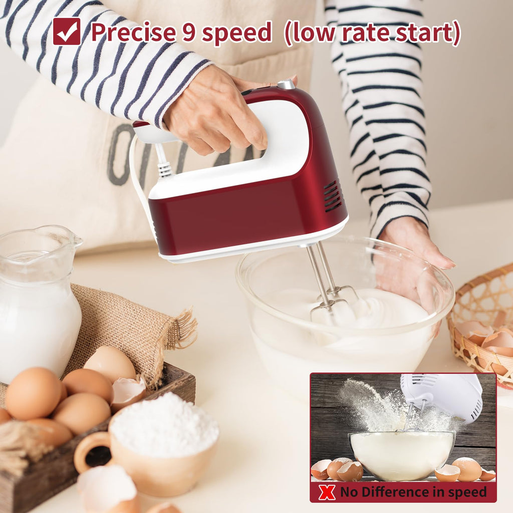 Yomelo 9-Speed Digital Hand Mixer Electric, 400W Powerful DC Motor, Hand Mixer Electric Handheld with Snap-On Storage Case, 5 Stainless Steel Accessories, Beaters, Dough Hooks, Whisk(Red/White)