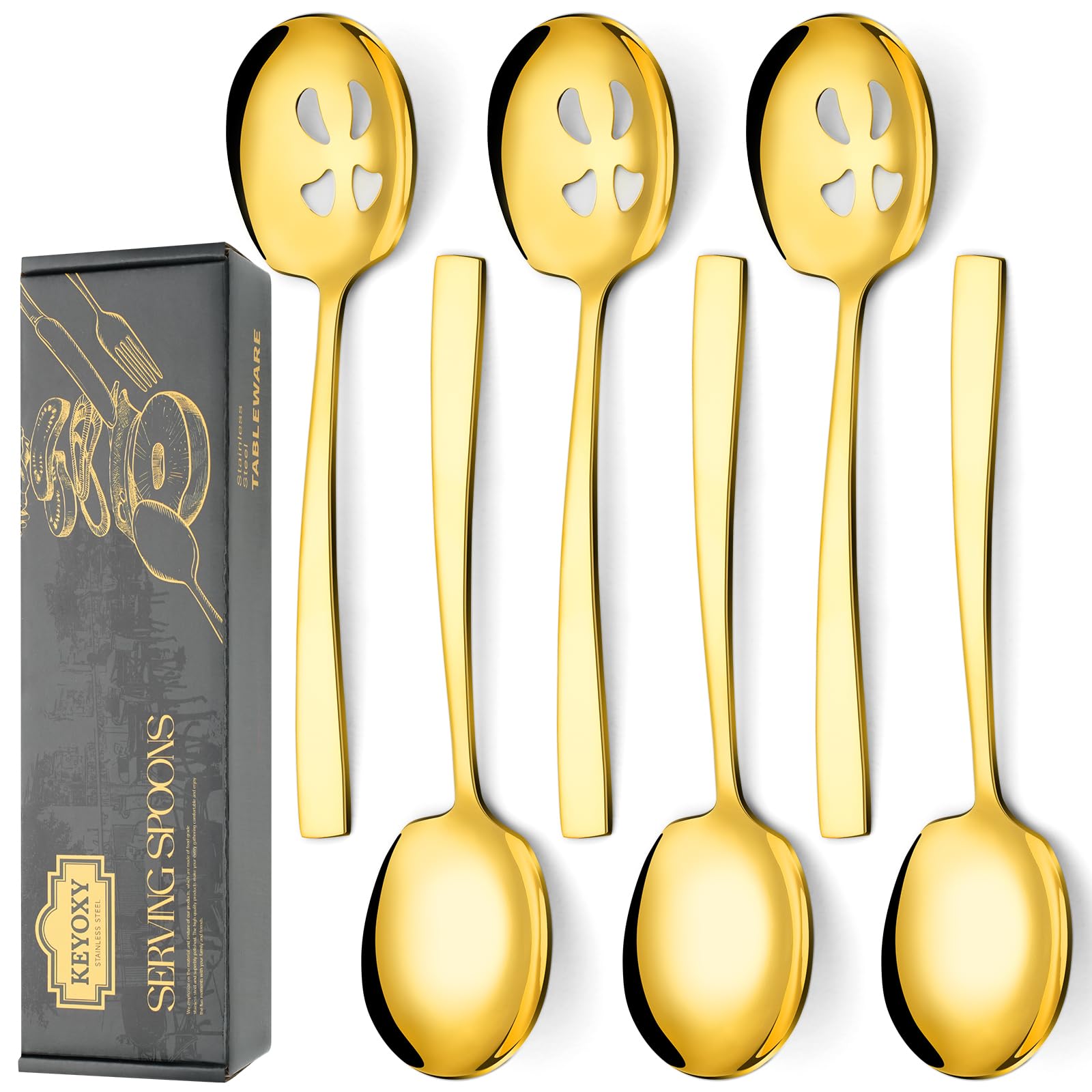 Keyoxy 6 Piece Stainless Steel Serving Spoons Set - 3 Large, 3 Slotted, 9.2-Inch, Dishwasher Safe, for Parties/Kitchen/Buffet/Catering,Gold
