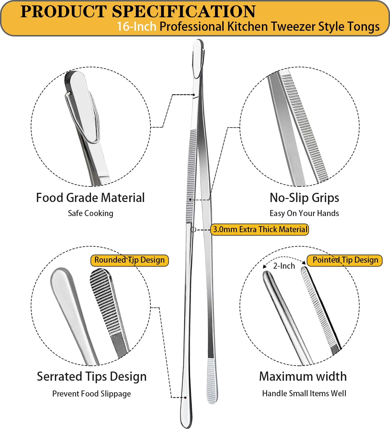 JETKONG 16-Inch Kitchen Tweezers Fine Tweezer Tongs Extra-Long Stainless Steel Cooking Tweezers (Point-Tips)