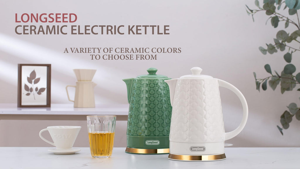 LONGSEED Ceramic Electric Kettle, 1.5L/1200W Boil Water Quickly and Easily with Boil-Dry Protection Auto Shut Off, Detachable Swivel Base, Green Relief Carving