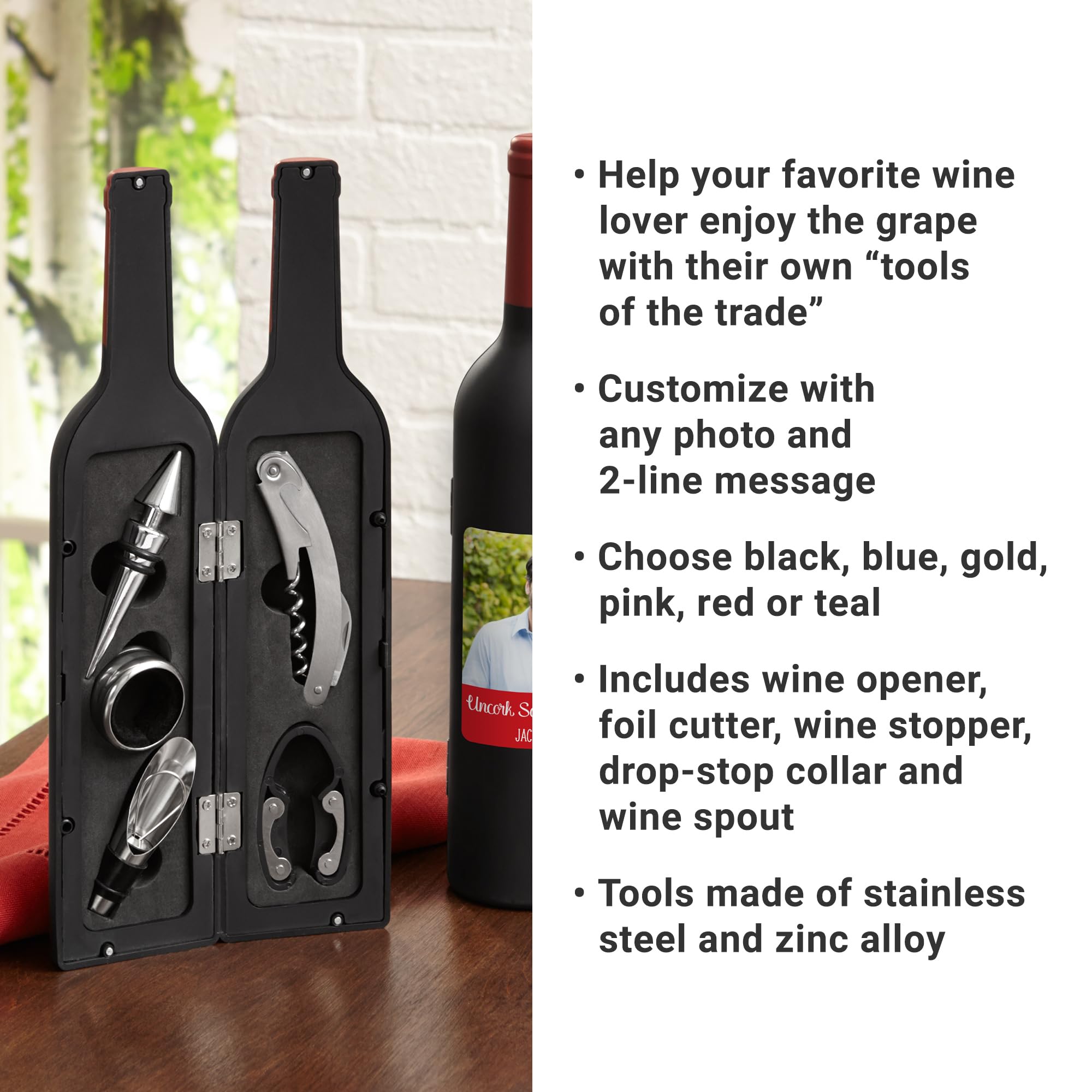 Let's Make Memories Personalized Photo 5-Piece Wine Tool Set - Wine Bottle Opener - Red