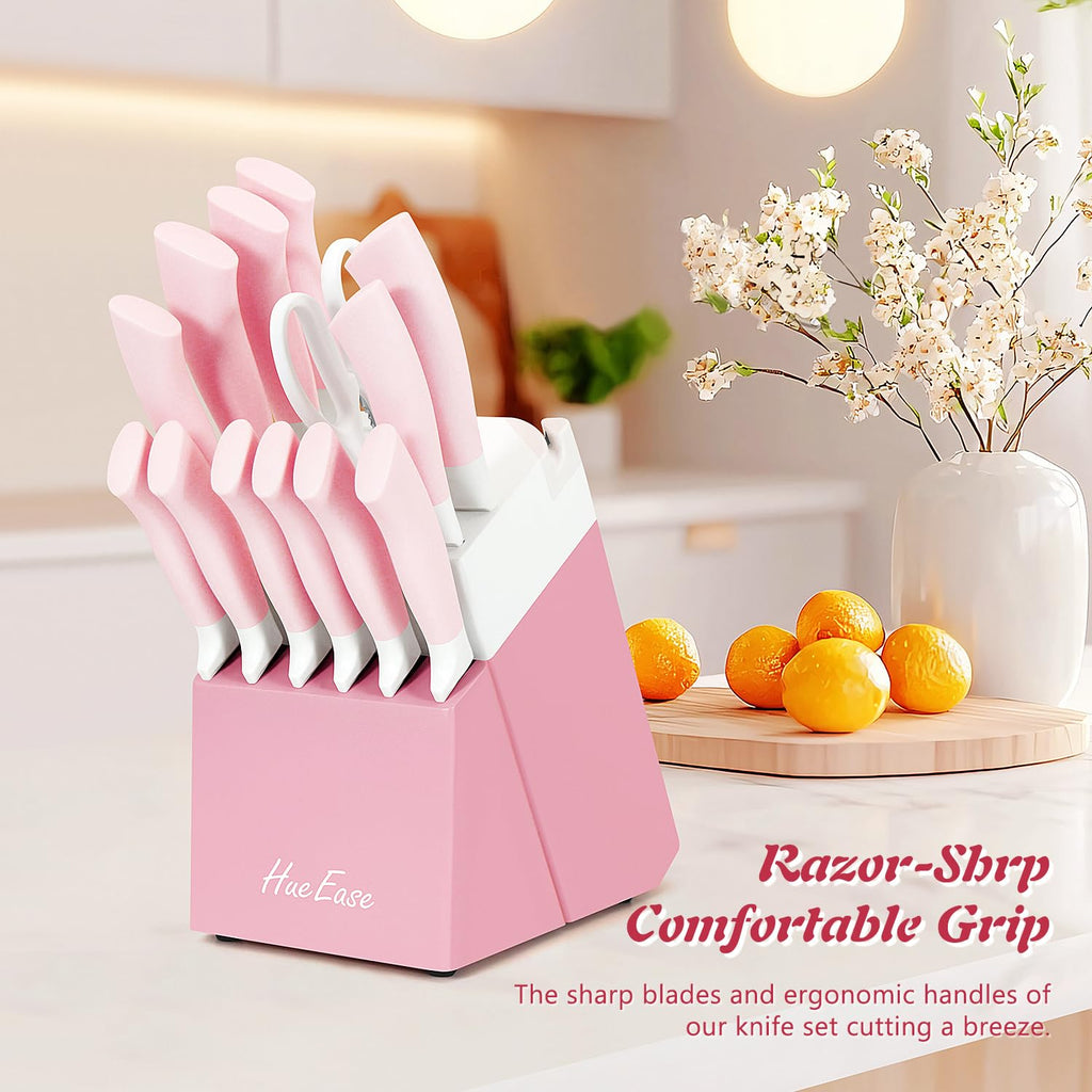 HueEase 14 Pieces Knife Set with Block, Ceramic White Coating, High Carbon Stainless Steel Sharp Blade Block Knife Set, Dishwasher Safe Cutlery, Colliding Pink
