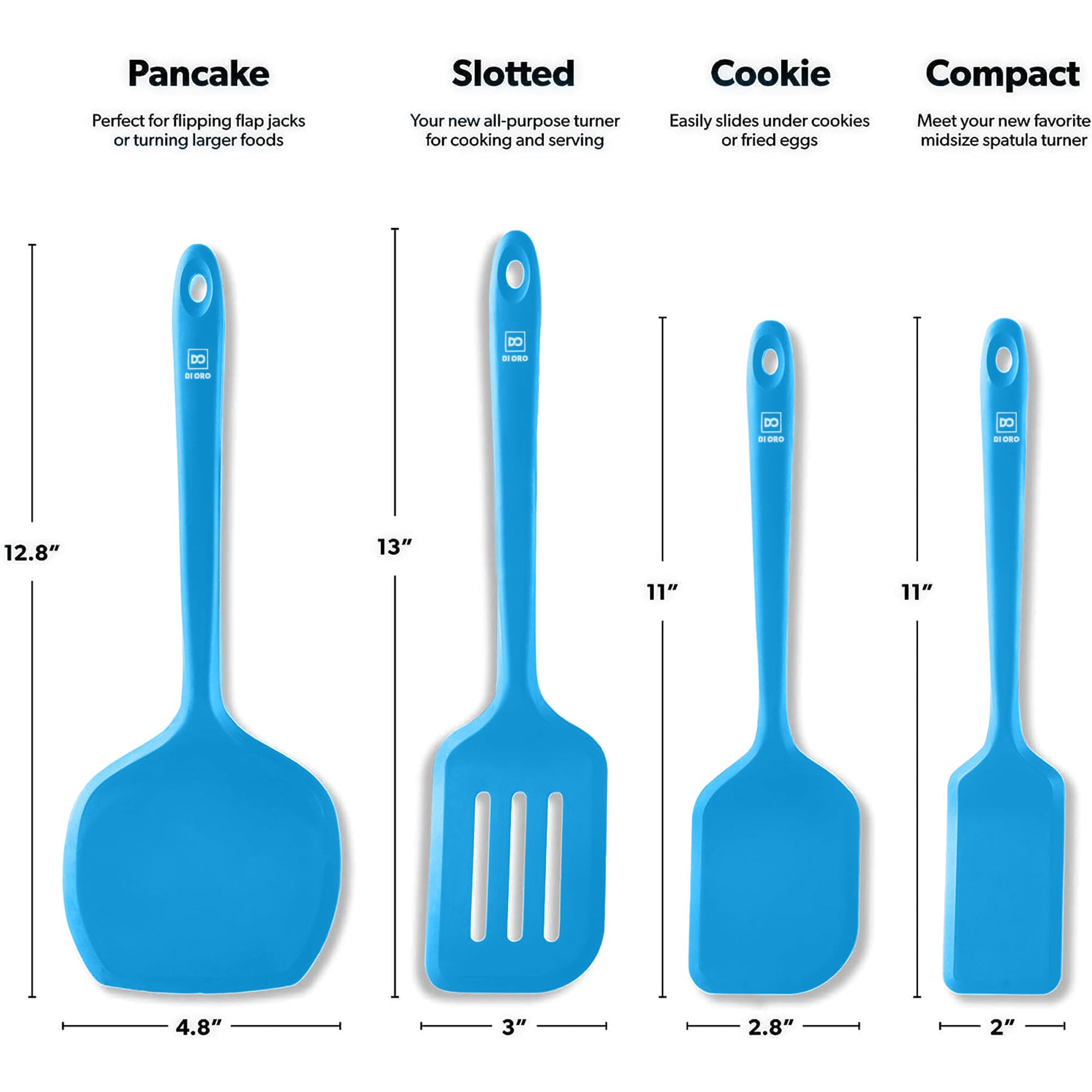 DI ORO Silicone Turner Spatula Set - 600F Heat Resistant, 4-Pc Blue