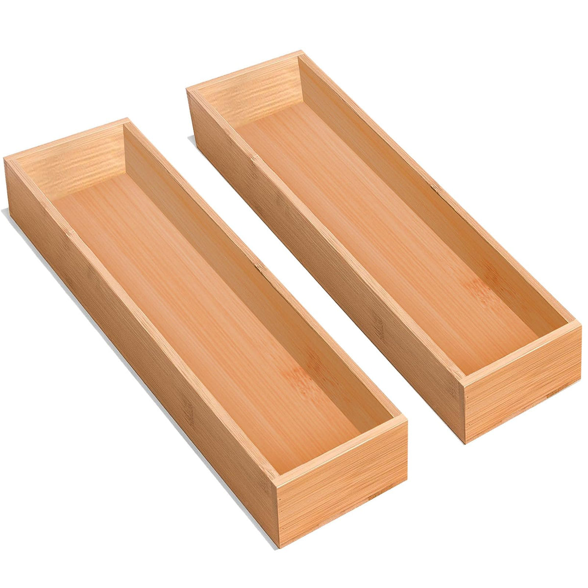 guiogc Bamboo Drawer Organizer, Utensil Organizer for Kitchen, Bamboo Storage Box Wood Silverware Tray for Drawer Set of 2