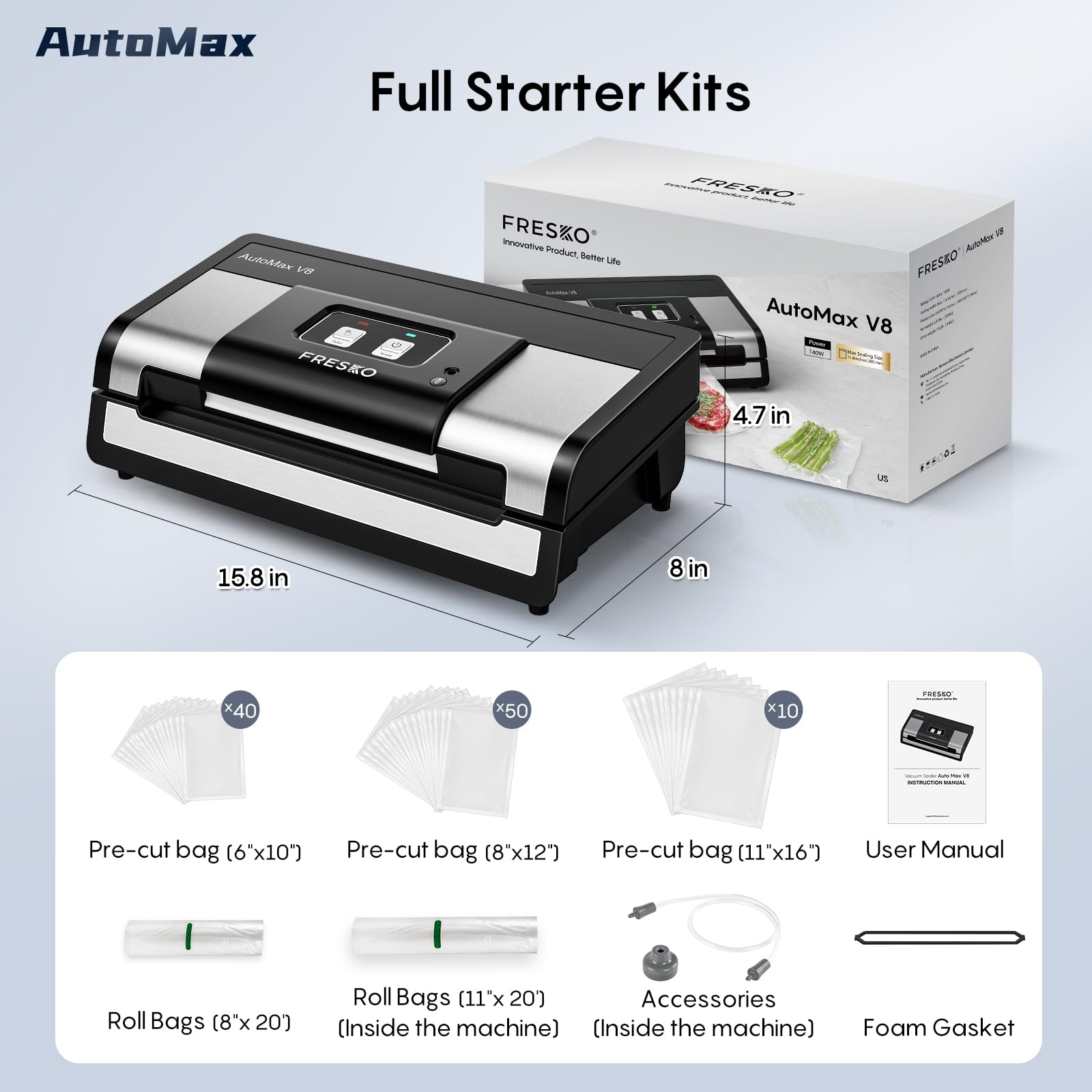 FRESKO Automatic 95Kpa Food Vacuum Sealer Machine, Auto Dry-Wet Detection