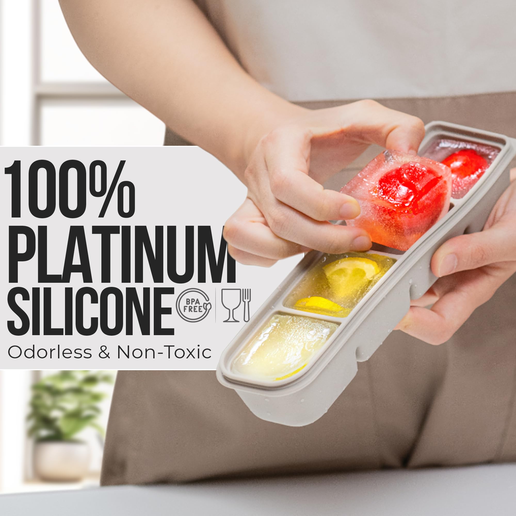 Firgi 1.7 oz/4 Sections Silicone Ice Cube Freezer Tray with Lid, 100% Food-Grade Platinum Silicone,Leak Resistance & Dishwasher Safe for Baby Food Prep,Breast Milk,Purees - Korean Made, Brown
