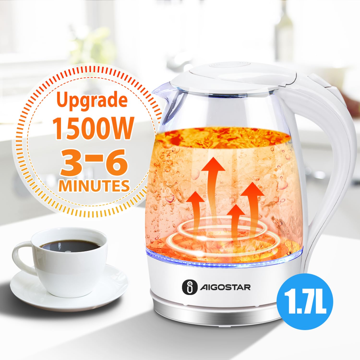 Aigostar Electric Kettle, 1500W Glass Electric Tea Kettle Rapid Heating, Borosilicate Glass, Auto Shutoff and Boil-Dry Protection, Hot Water Boiler BPA Free and Cordless with LED Indicator, 1.7 Liter