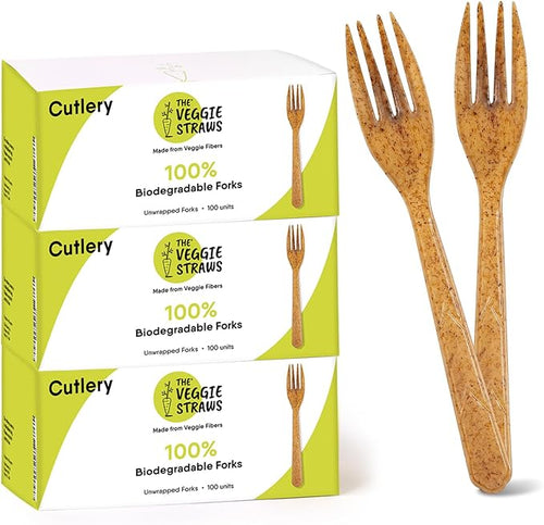 100% Biodegradable Cutlery Made of Vegetable Fibers, 300 PCS of 6.7” Long Heavy-Duty and Splinter Free Eco-Friendly Spoons, Forks & Knives, Perfect Sustainable Cutlery by The Veggie Straws
