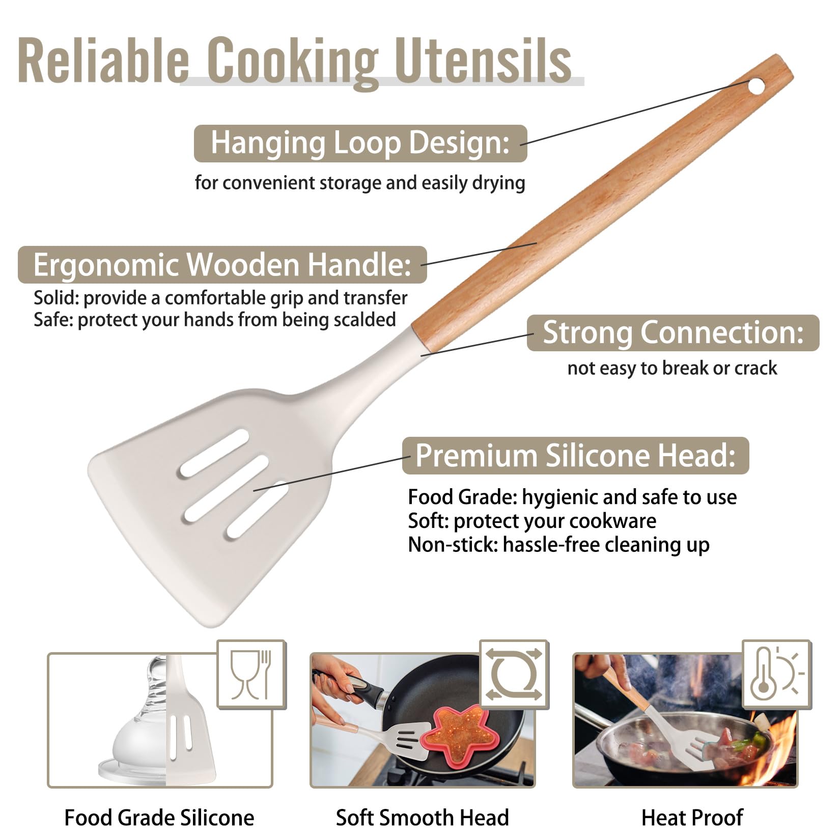 P&P CHEF 6 PCS Kitchen Utensils with Wooden Handle, Khaki