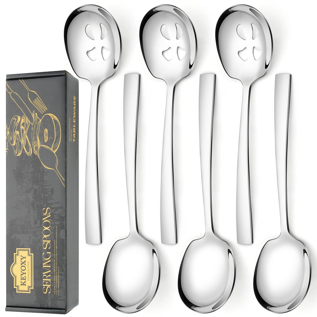 Keyoxy 6 Piece Serving Spoons Set, 9.2-Inch Include 3 Large, 3 Slotted