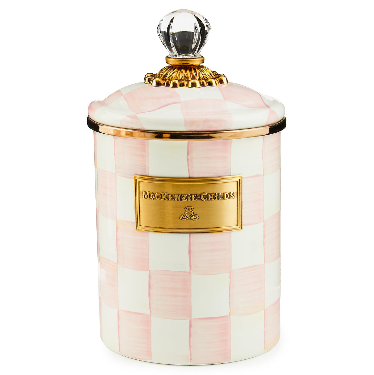 MACKENZIE-CHILDS Enamel Canister, Medium, Pink-and-White Rosy Check