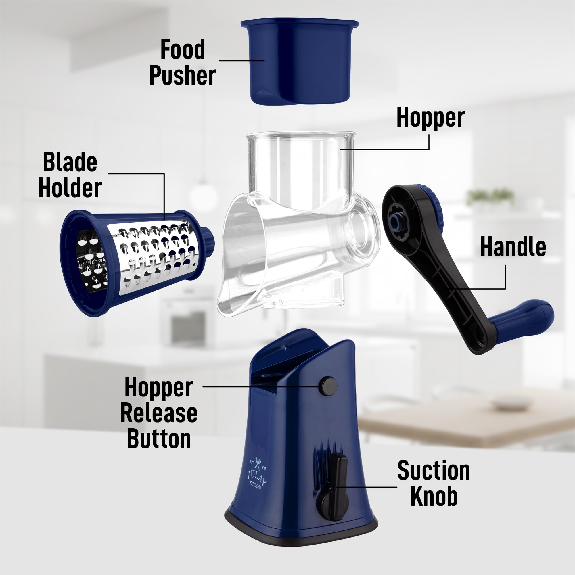 Zulay Kitchen Rotary Cheese Grater 5 Blade Cheese Shredder - Manual Hand Crank Cheese Grater With Reinforced Suction & 5 Interchangeable Drums - Easy to Use, Vegetable Chopper Round Mandoline Slicer