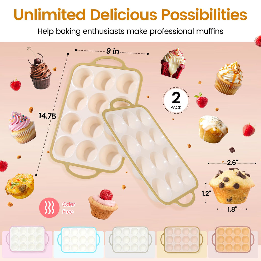 Fimary Silicone Muffin Pans for Baking 2 Pack, 2.6 Inch with Metal Reinforced Frame, Regular Size Nonstick Cupcake Pan 12 Cups for Baking Homemade Muffins, Dishwasher Safe BPA Free-Light Yellow
