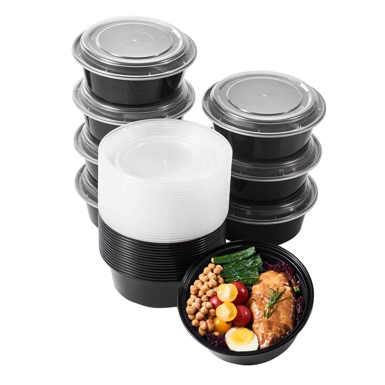 Jaluxing 32 oz 150 ct Round Meal Prep Containers with Lids Plastic Food Storage Lunch Plan To Go Box Disposable Take Out Bowl Black BPA Free Reusable Stackable Microwave Freezer Safe (Formerly FULING)
