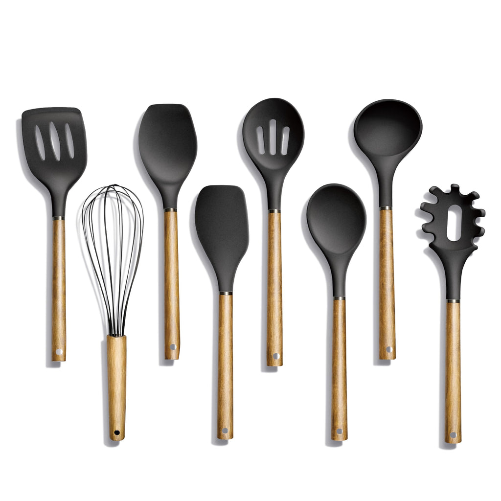 Country Kitchen Non Stick Silicone Utensil Set with Rounded Wood Handles for Cooking and Baking, 6 Piece Set, Black