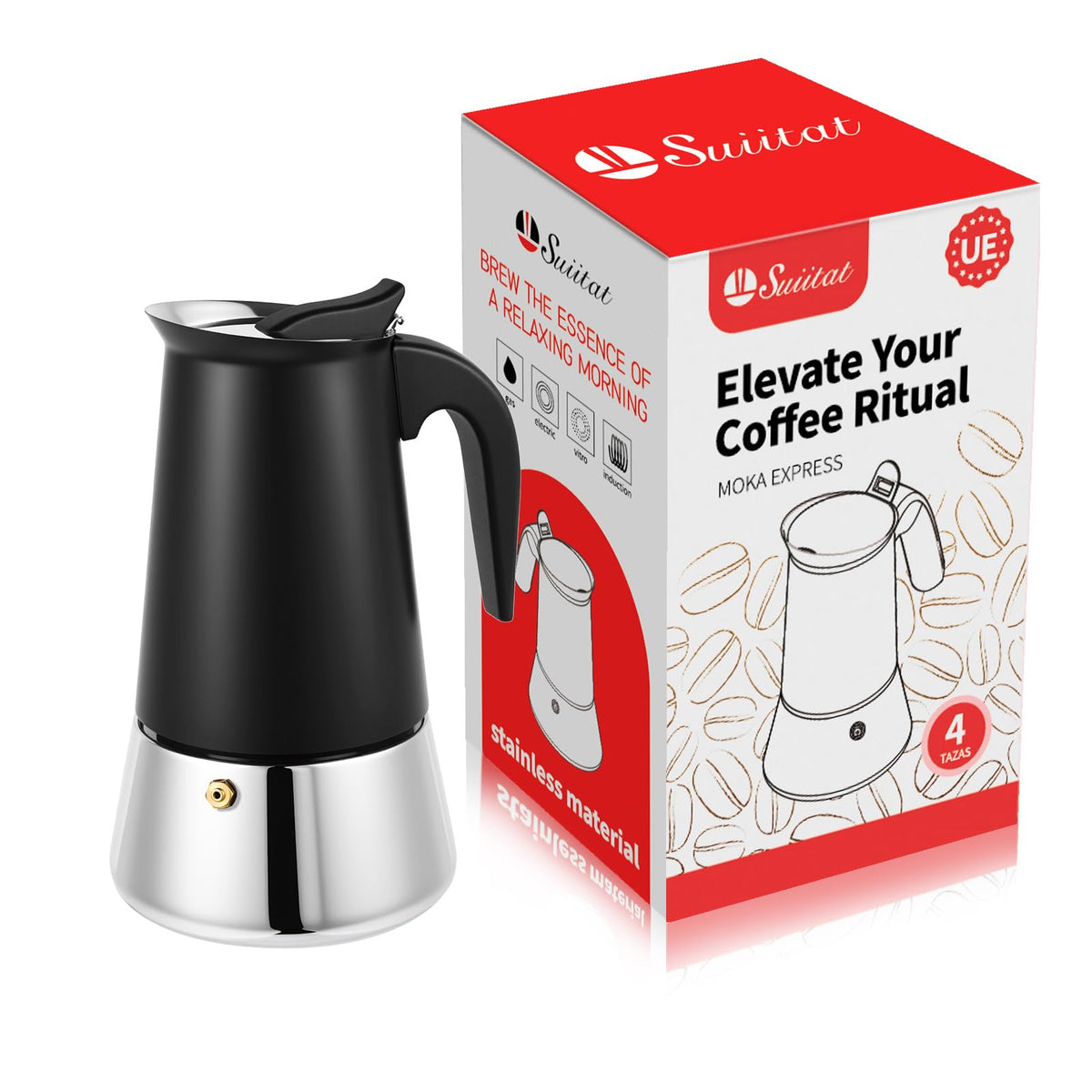 Suiitat 4 Cup Stainless Steel Moka Pot, 200ml Stovetop Espresso Maker, Red
