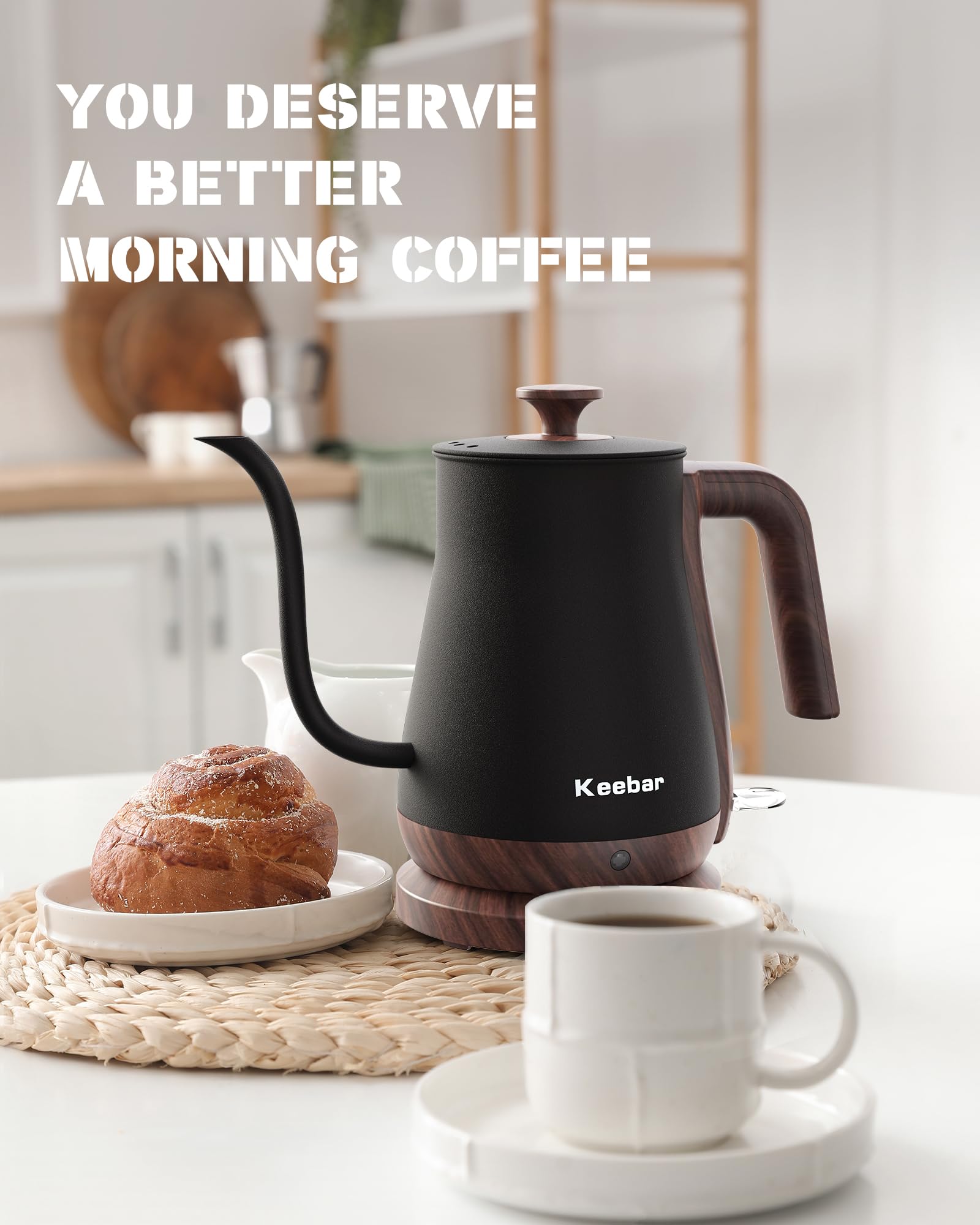 Keebar Gooseneck Electric Kettle - Stainless Steel Pour Over with Auto Shut Off, 0.8L Capacity, 1000W Quick Heating, Design with Elegant Handle, Matte Black with Walnut, Manual, (XH-W081-BW)