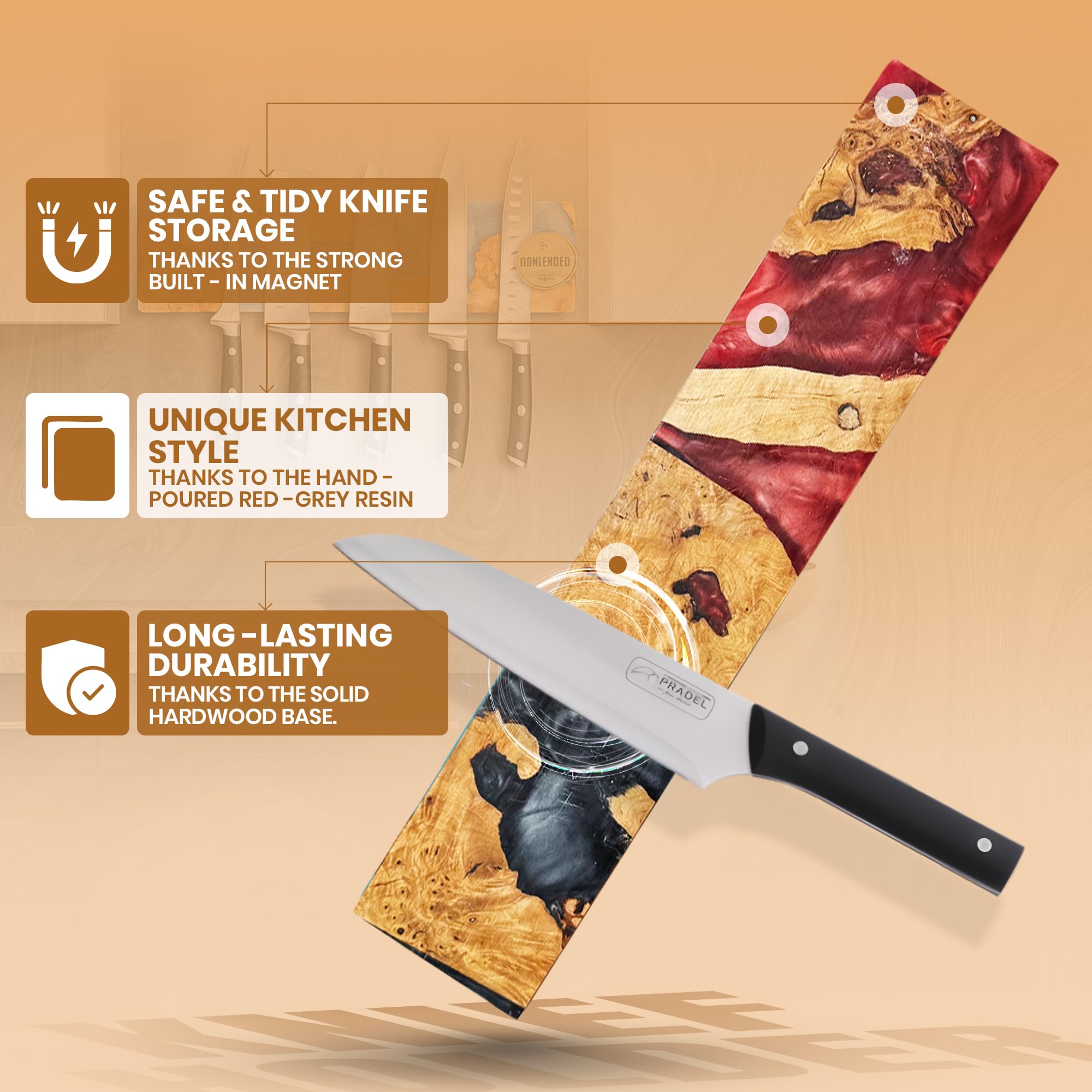 Magnetic Knife Holder for Wall 16 Inch |Premium Wood & Red and Grey Resin| Epoxy Knife Magnetic Strip, Kitchen Knife Block Holder with Strong Magnet, Space-Saving, Handcrafted Style & Easy to Install