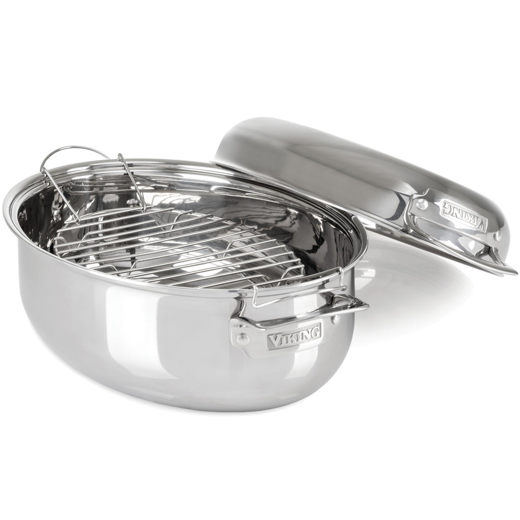 Viking 3-Ply Oval Roasting Pan, 8.5 Quart, Stainless Steel Kitchen Cookware with Metal Induction Lid and Rack, Great for Turkey, Dishwasher and Oven Safe, Silver