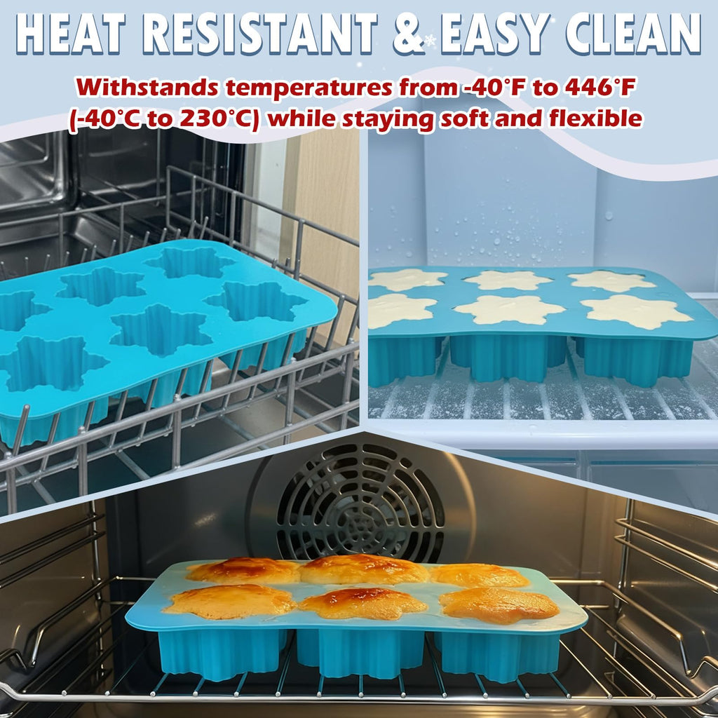 HKNMTT Snowflake Christmas Silicone Mold 12 Cavity 6 Shapes for Holiday Soap Chocolate Cocoa Bomb Ice Candy Oreo Covered Jello Xmas Winter Wax, Oven Safe Baking Frozen Moulds DIY Candle Craft Set