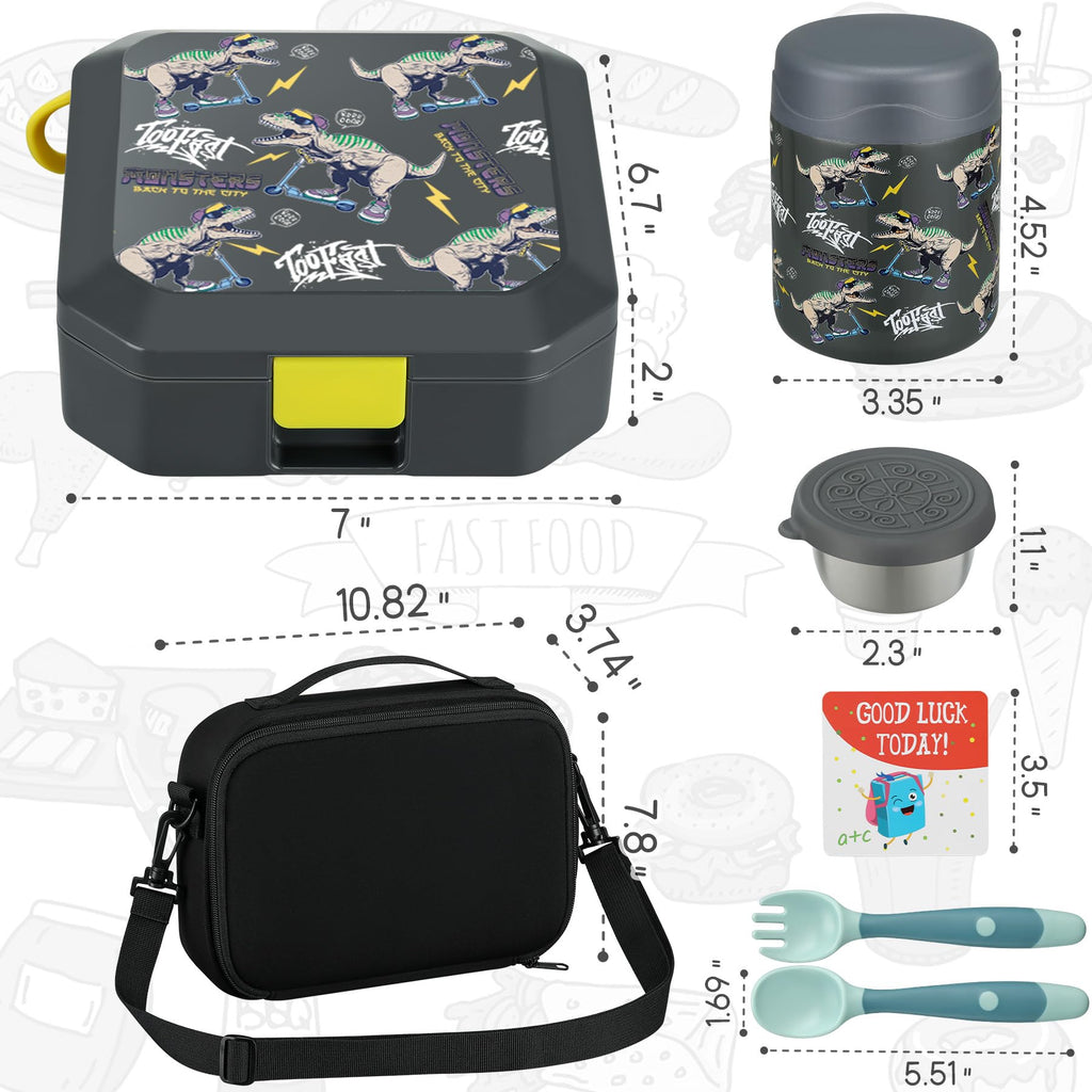 Itslife Bento Lunch Box Set for Kids with 12oz Soup Thermo&Lunch Bag, Leak-Proof Lunch Food Containers for Kids School, 5 Compartment, Sauce Cup, 10 Notes (Grey Dinosaurs)