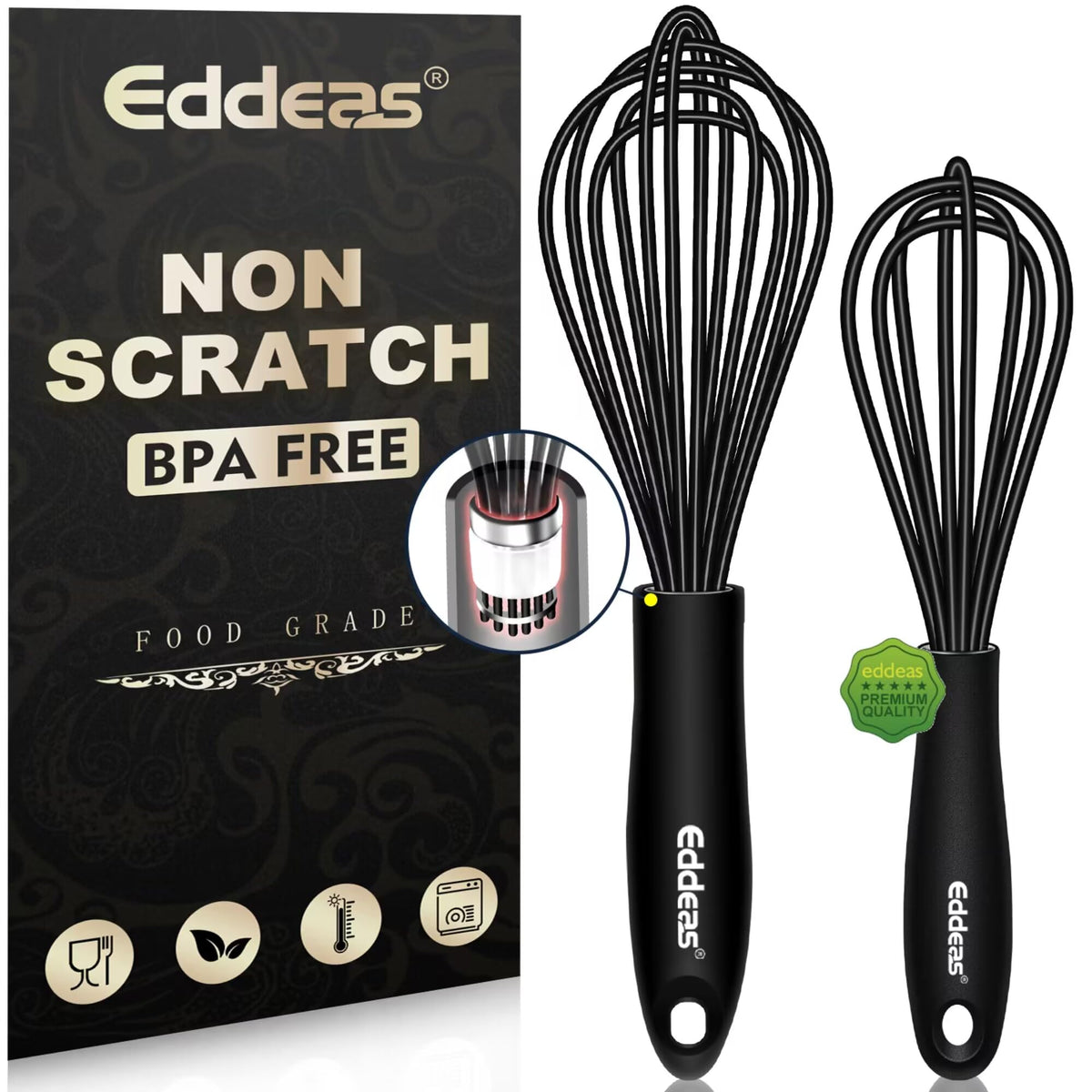 Eddeas Silicone Whisk, 500°F Heat Resistant Non Scratch Coated Whisks for Cooking Baking Balloon whisk, Kitchen Whisk Tool Set, for Stirring, Beating & Blending of 3 Size 7.5"+ 9" +11 inch