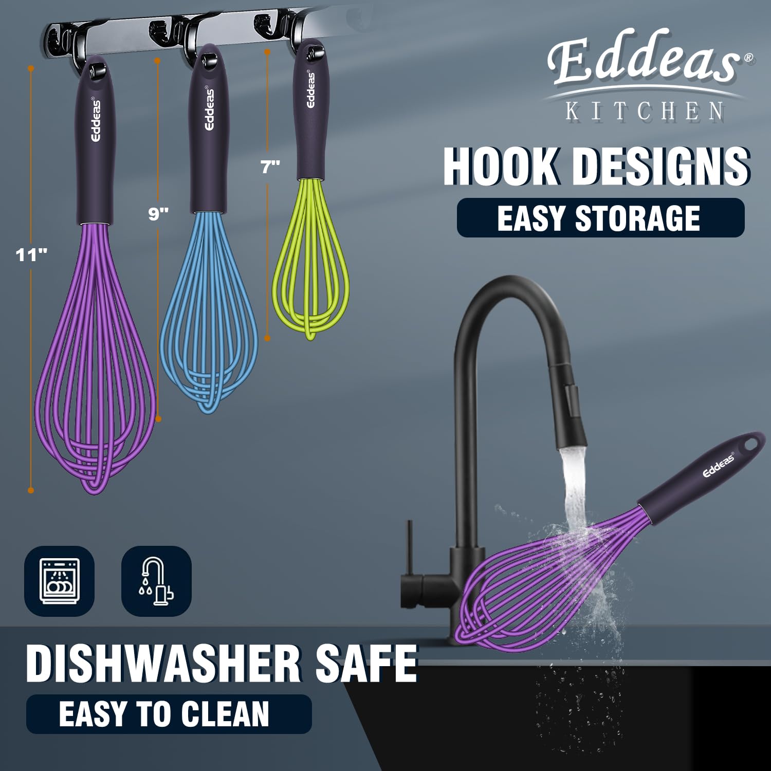Eddeas Silicone Whisk, 500°F Heat Resistant Non Scratch Coated Whisks for Cooking Baking Balloon wisk, Kitchen Whisk Tool Set, for Stirring, Beating & Blending of 3 Size 7.5"+ 9" +11 inch