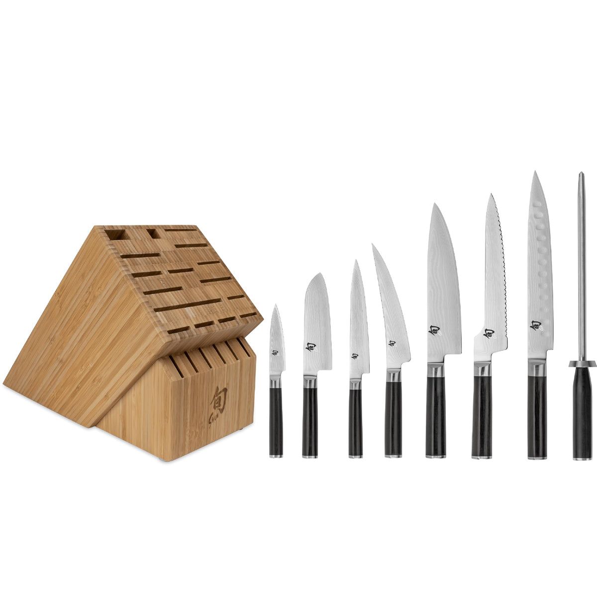 Shun Classic 3 Piece Build-A-Block Set, Includes 8" Chef's Knife, Honing Steel and Block, Handcrafted Japanese Knife Set, Damascus Stainless Steel Cladding, Pakkawood Handle